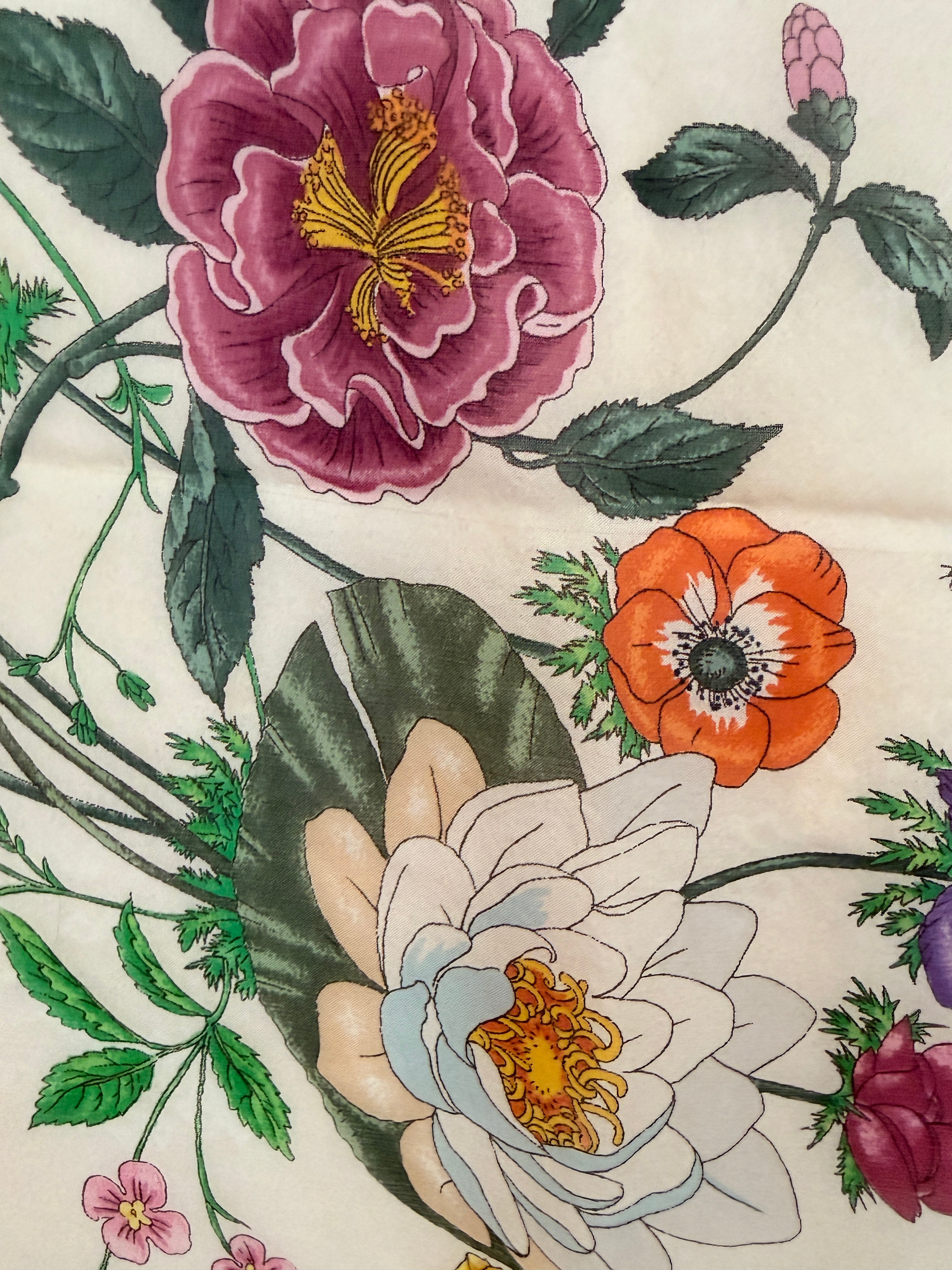 1970s Authentic Gucci Floral Silk Scarf with Red Trim