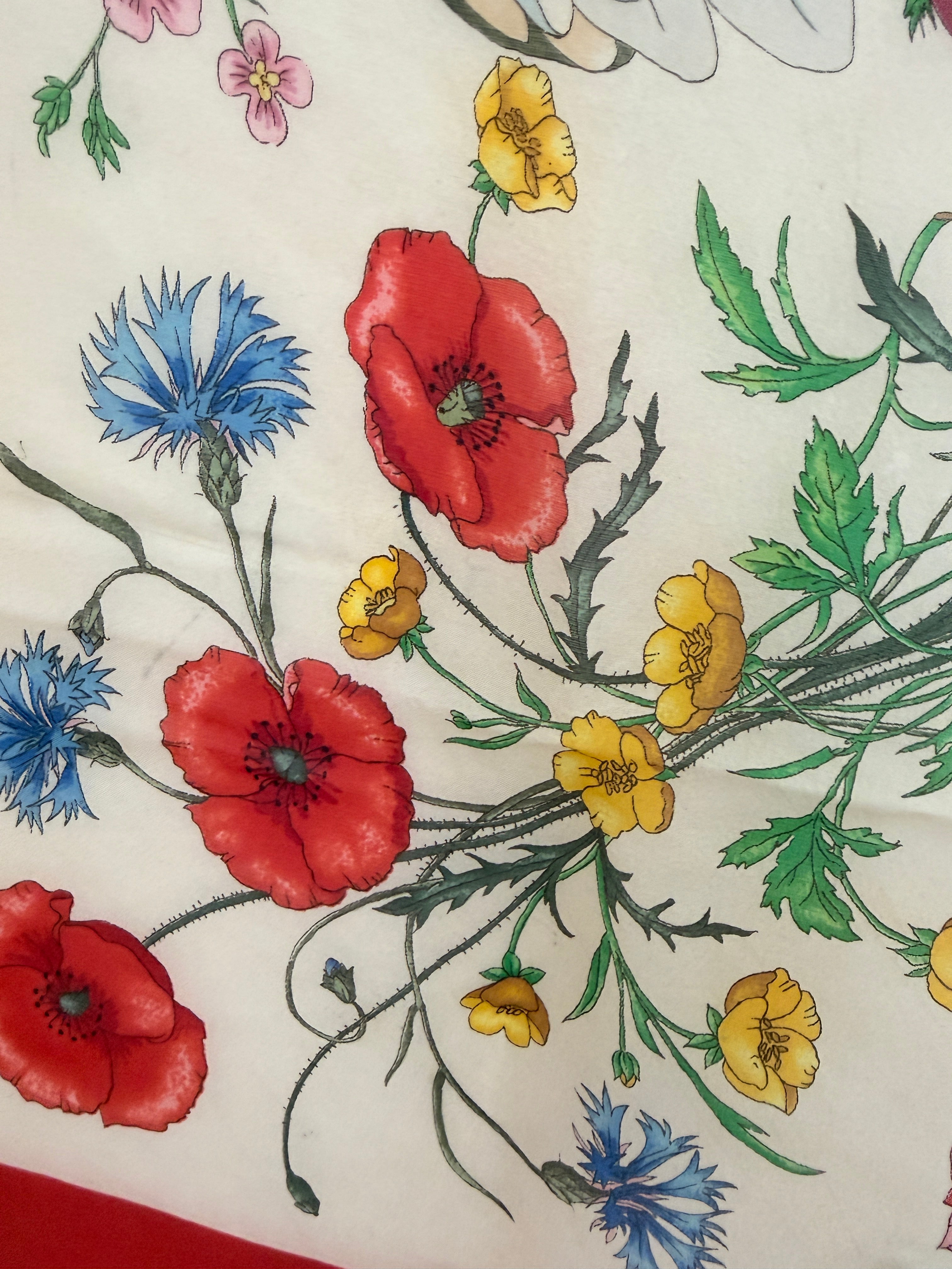 1970s Authentic Gucci Floral Silk Scarf with Red Trim