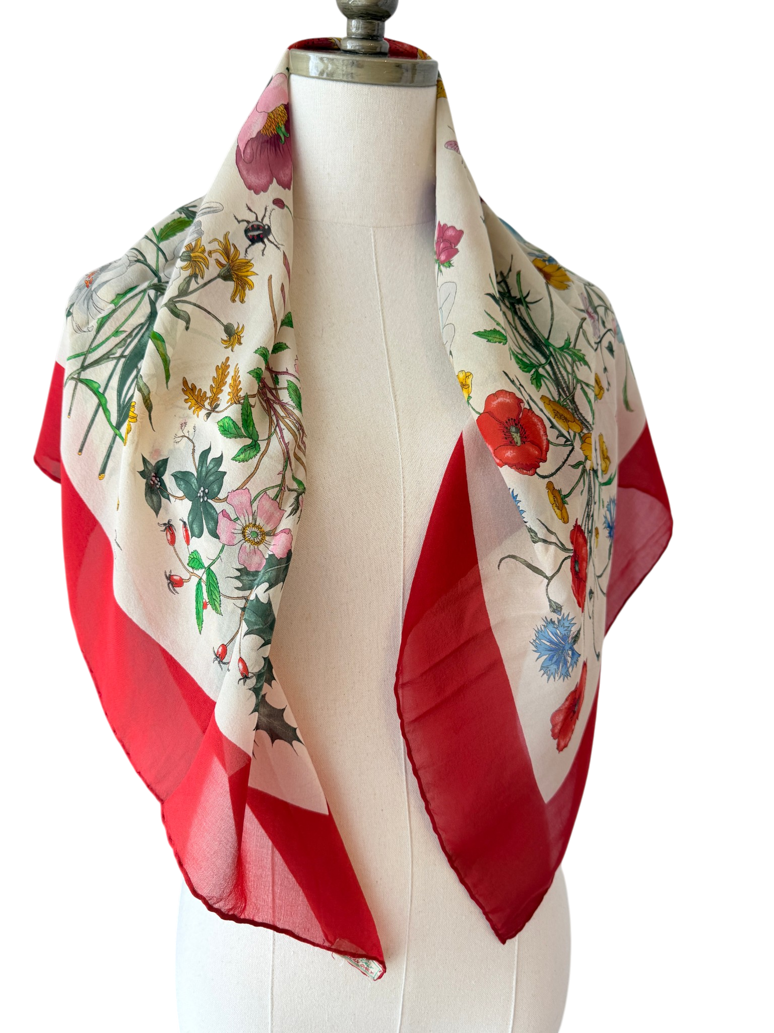 1970s Authentic Gucci Floral Silk Scarf with Red Trim