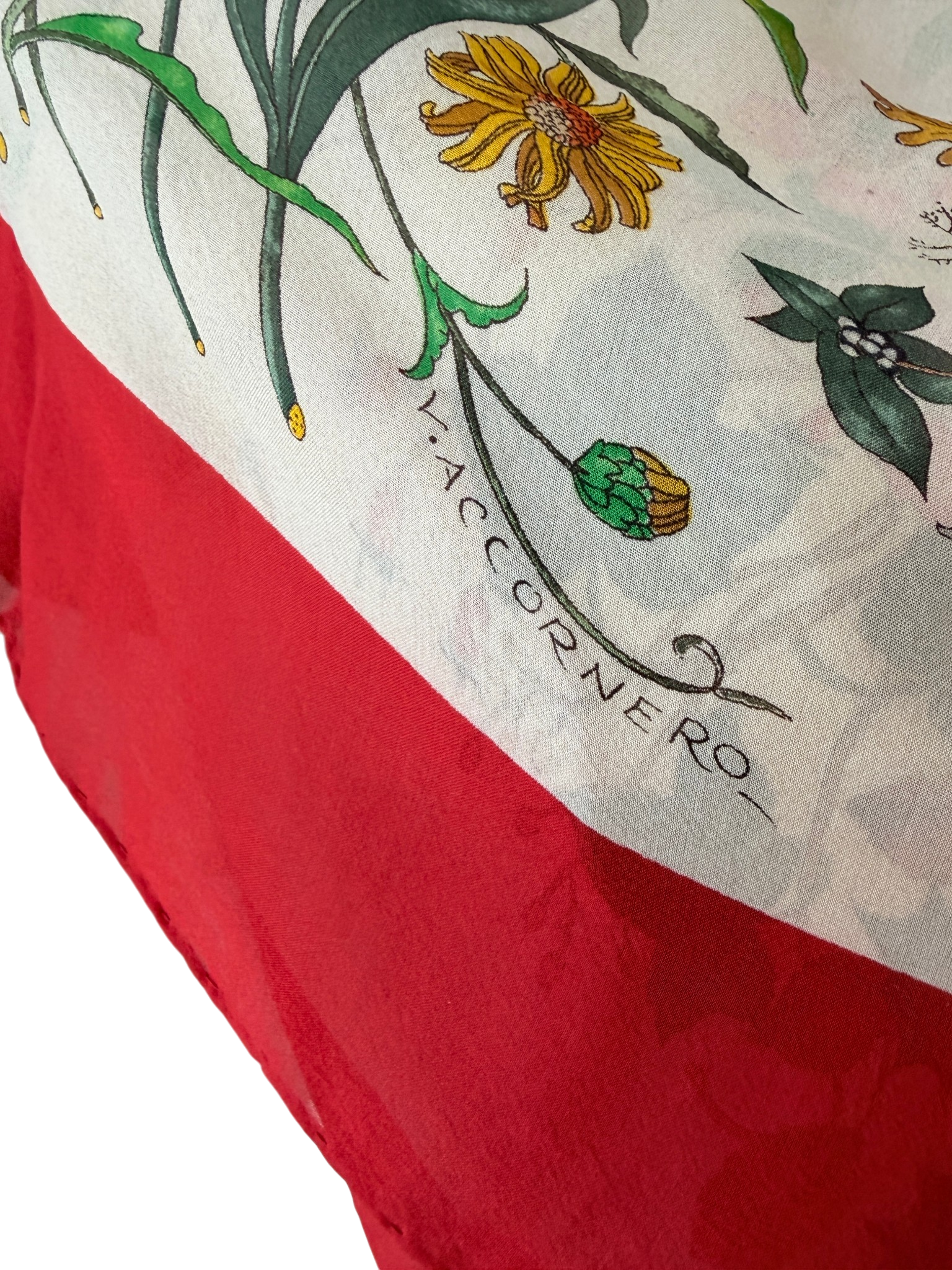 1970s Authentic Gucci Floral Silk Scarf with Red Trim