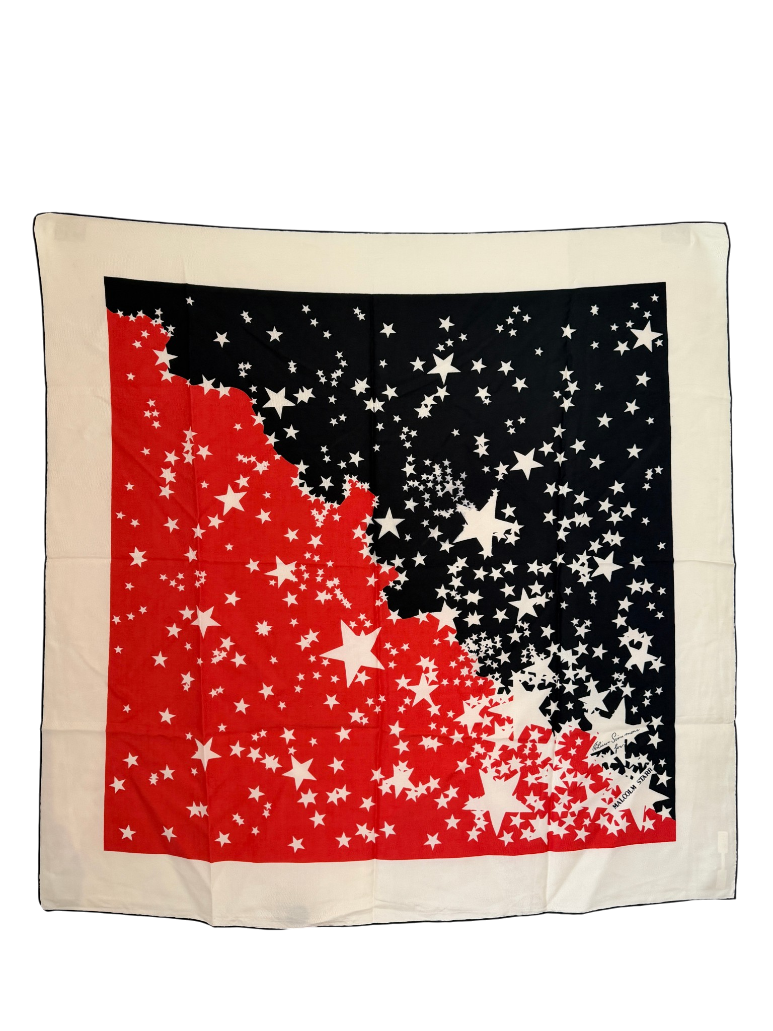 Rare Elinor Simmons for Malcolm Starr Ivory Silk Scarf with Red, Blue & Star Motif