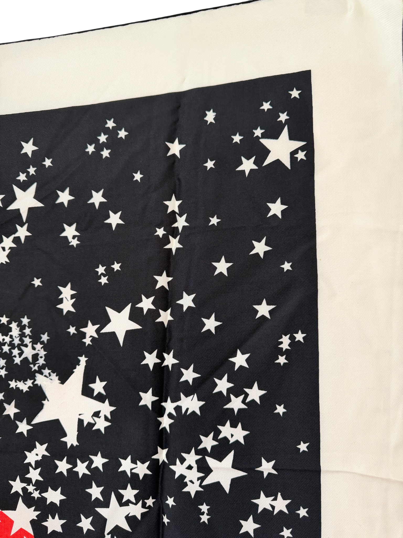 Rare Elinor Simmons for Malcolm Starr Ivory Silk Scarf with Red, Blue & Star Motif