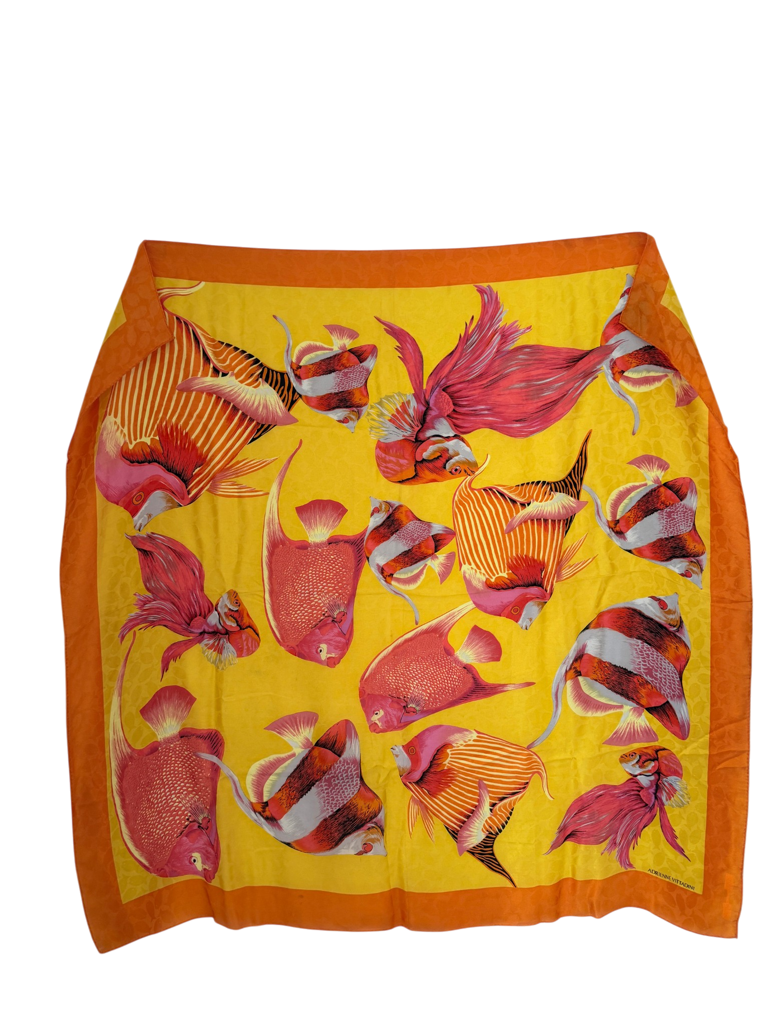 1980s Adrienne Vittadini Yellow &amp; Orange Silk Fish Print Scarf