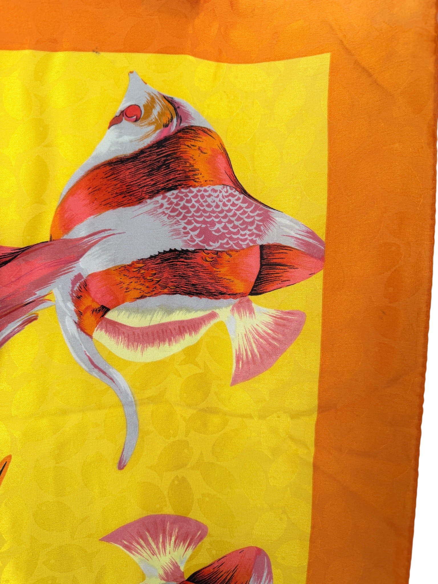 1980s Adrienne Vittadini Yellow &amp; Orange Silk Fish Print Scarf