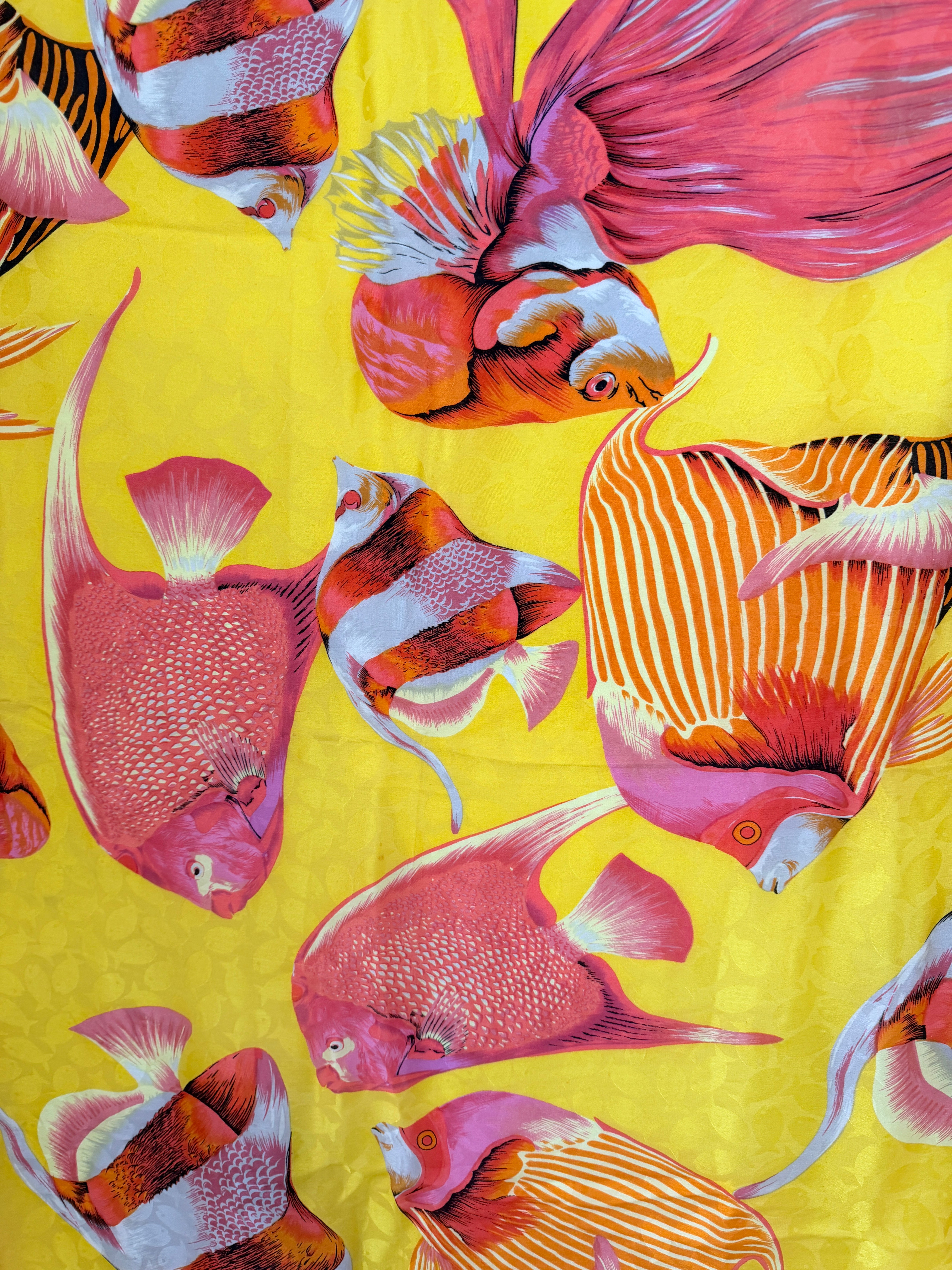 1980s Adrienne Vittadini Yellow &amp; Orange Silk Fish Print Scarf