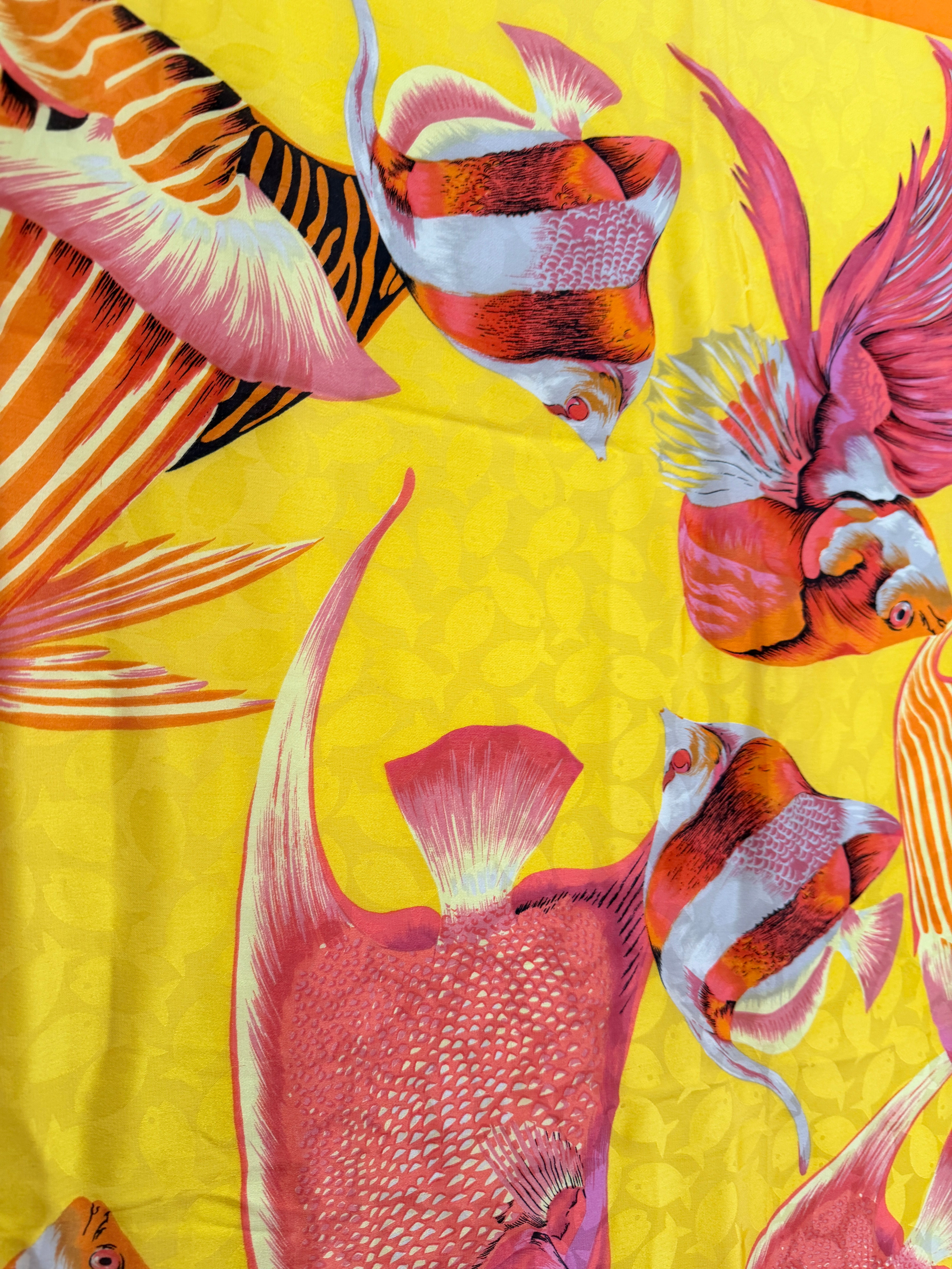 1980s Adrienne Vittadini Yellow &amp; Orange Silk Fish Print Scarf