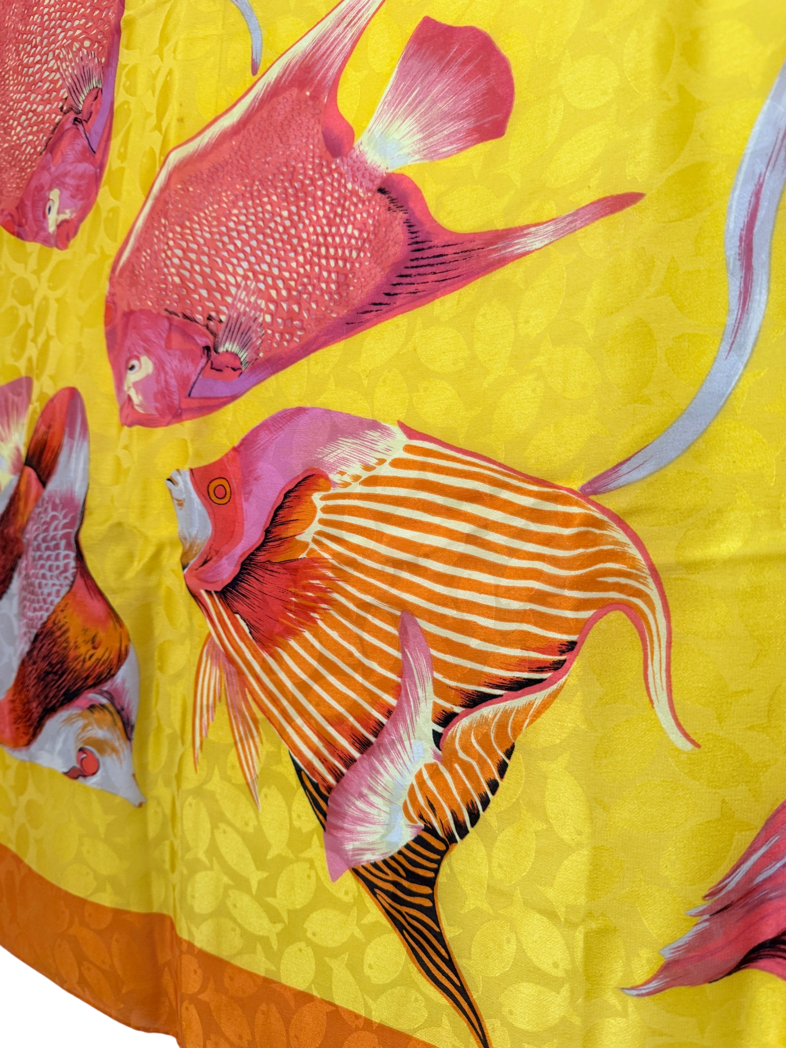 1980s Adrienne Vittadini Yellow &amp; Orange Silk Fish Print Scarf