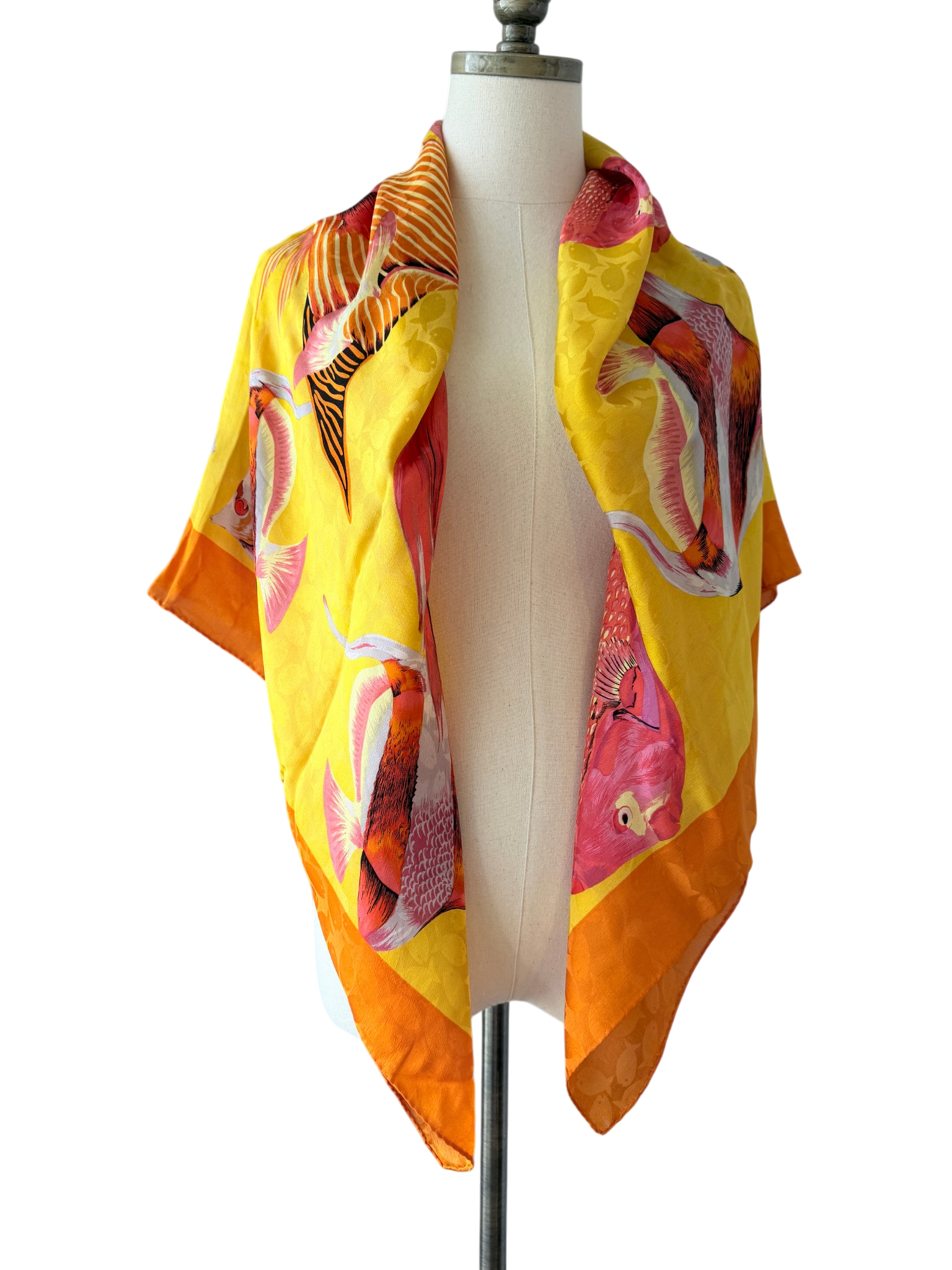 1980s Adrienne Vittadini Yellow &amp; Orange Silk Fish Print Scarf