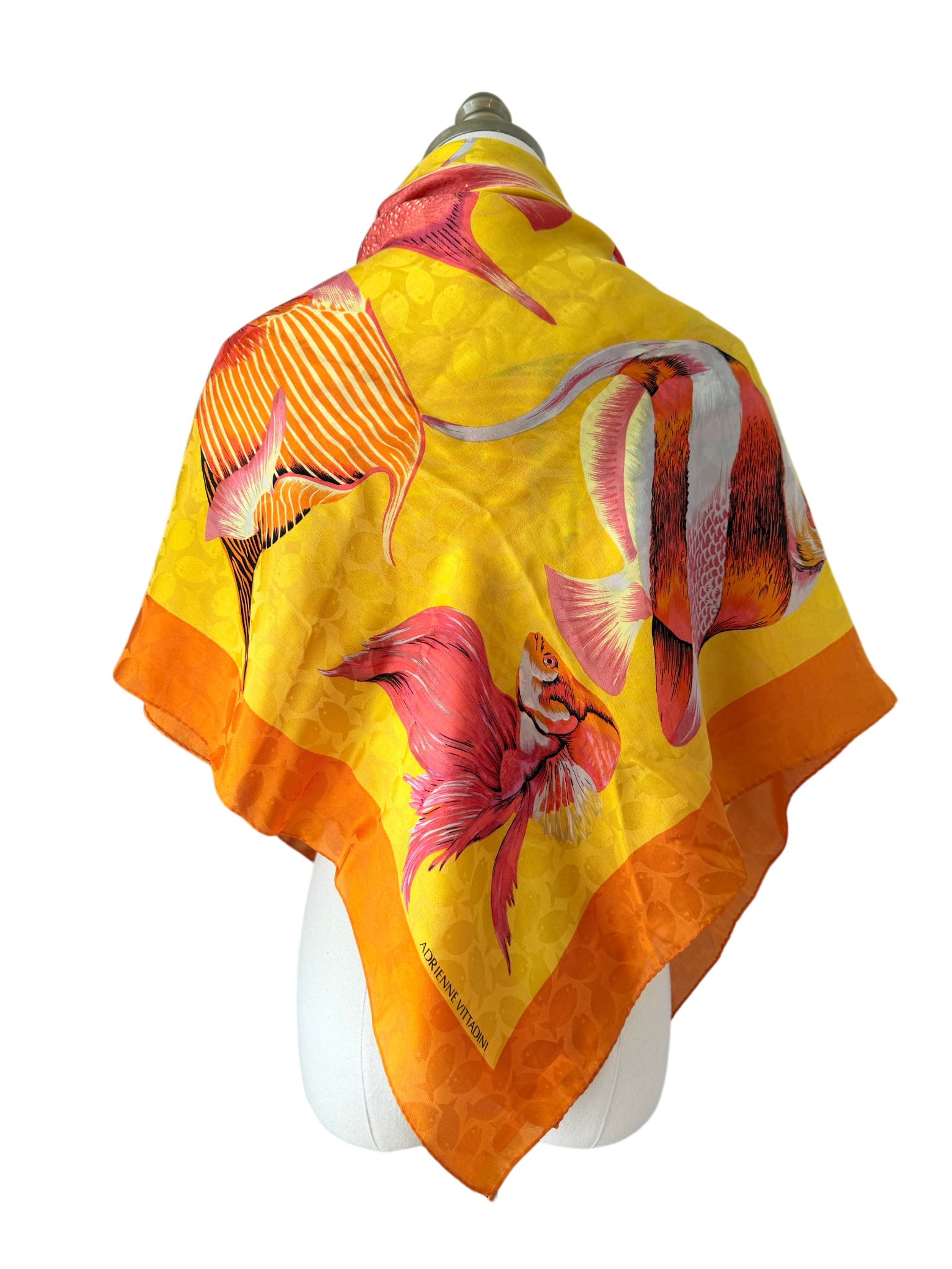 1980s Adrienne Vittadini Yellow &amp; Orange Silk Fish Print Scarf