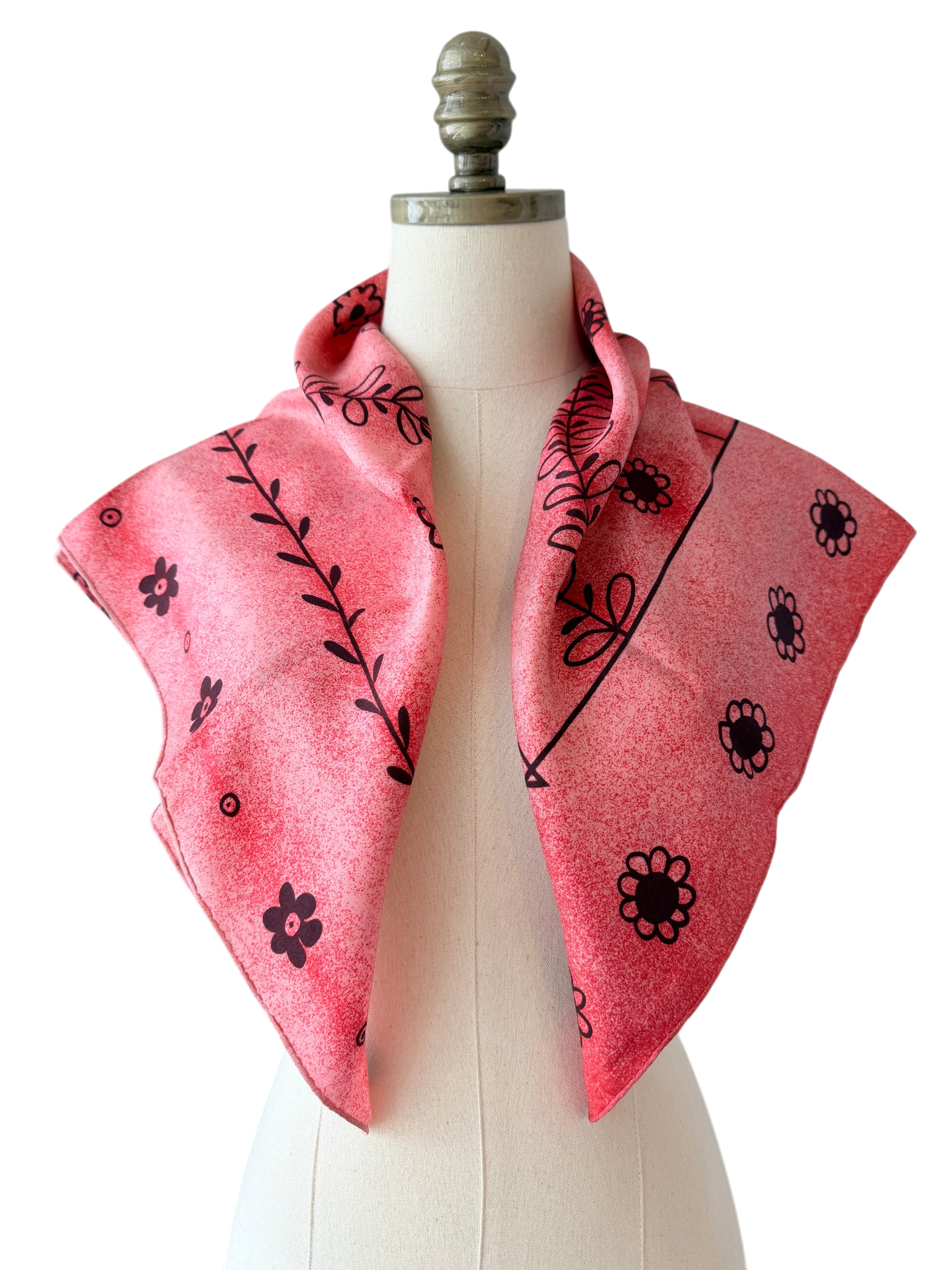 1980s Jacques Heim Pink Speckled Silk Scarf with Brown Floral Motif