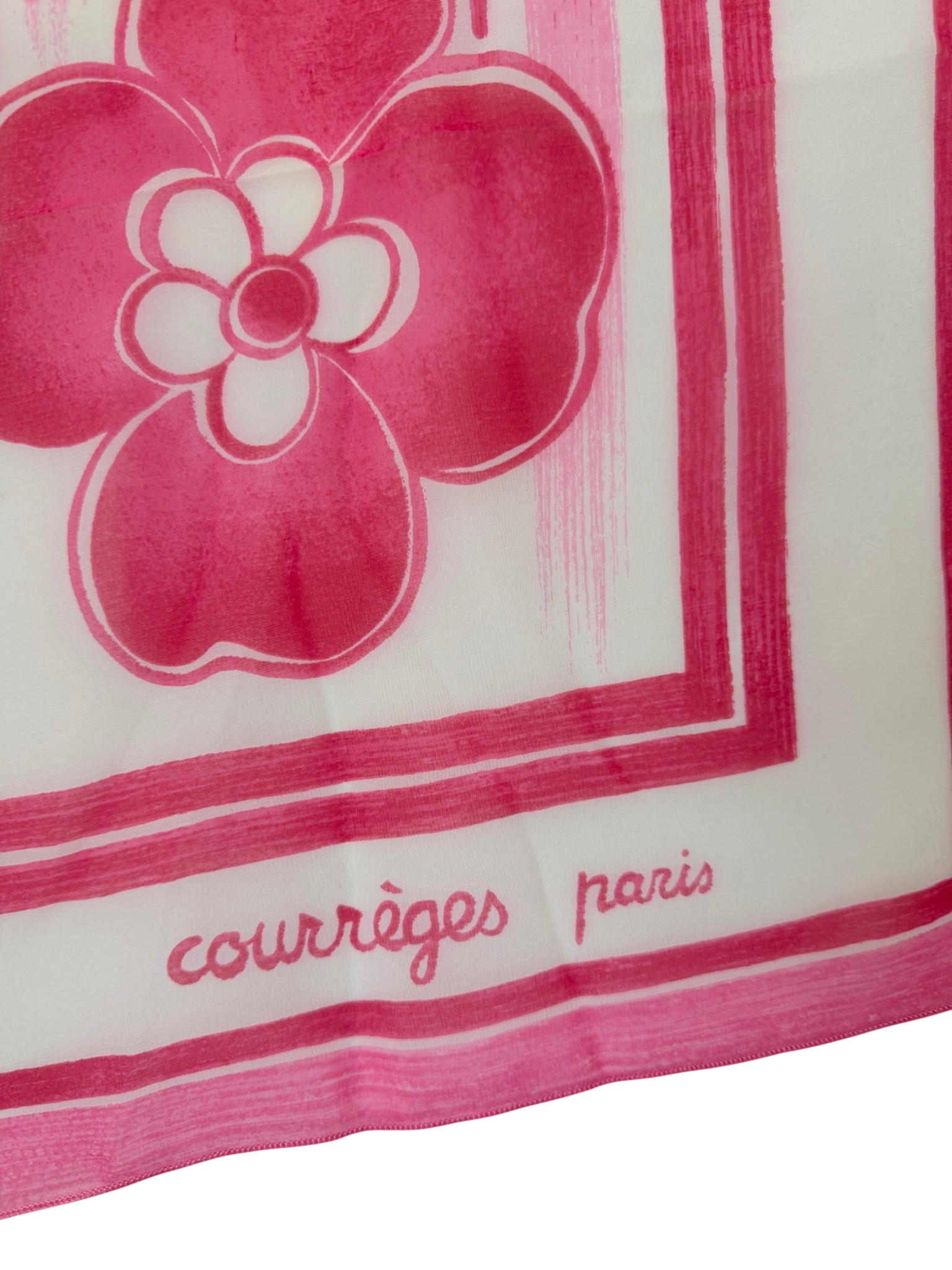 1970s Courrèges Paris Sheer Pink & White Brushstroke Stripe Scarf with Floral Detail