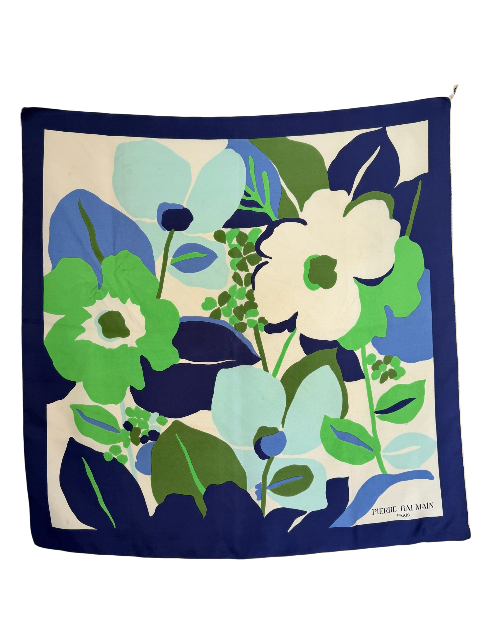 1960s Pierre Balmain Silk Scarf with Blue Border and MCM Floral Scene