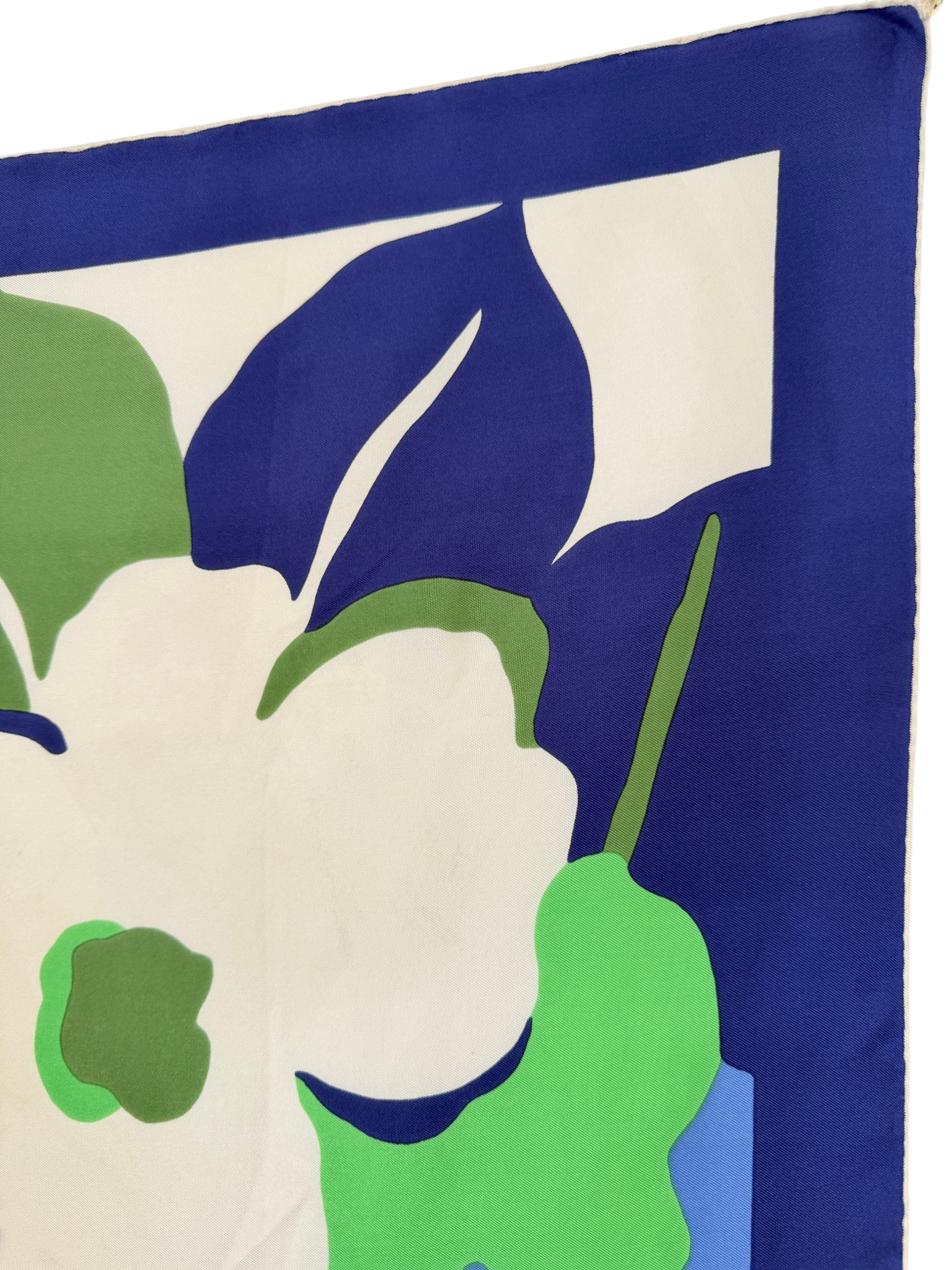 1960s Pierre Balmain Silk Scarf with Blue Border and MCM Floral Scene