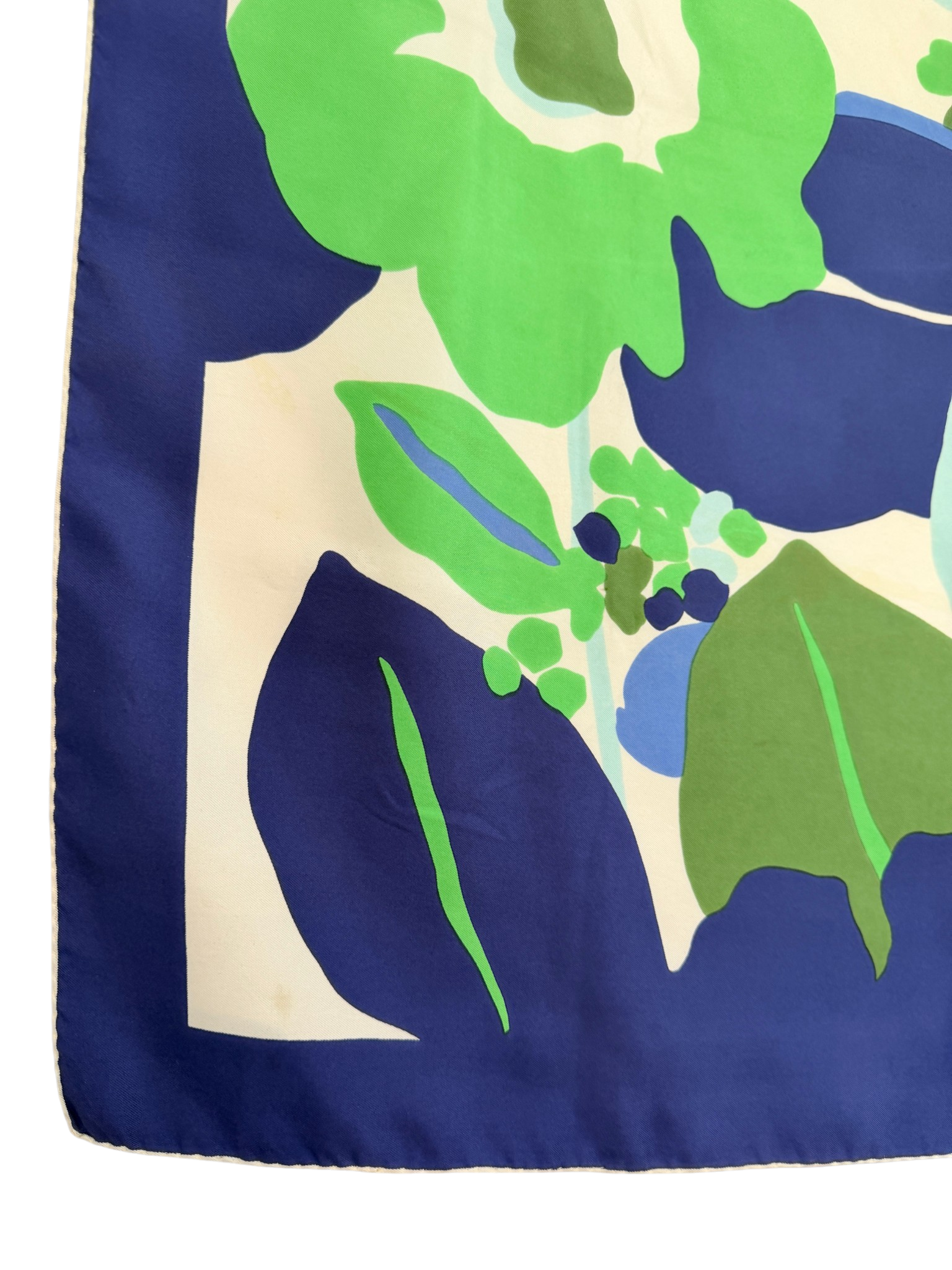 1960s Pierre Balmain Silk Scarf with Blue Border and MCM Floral Scene