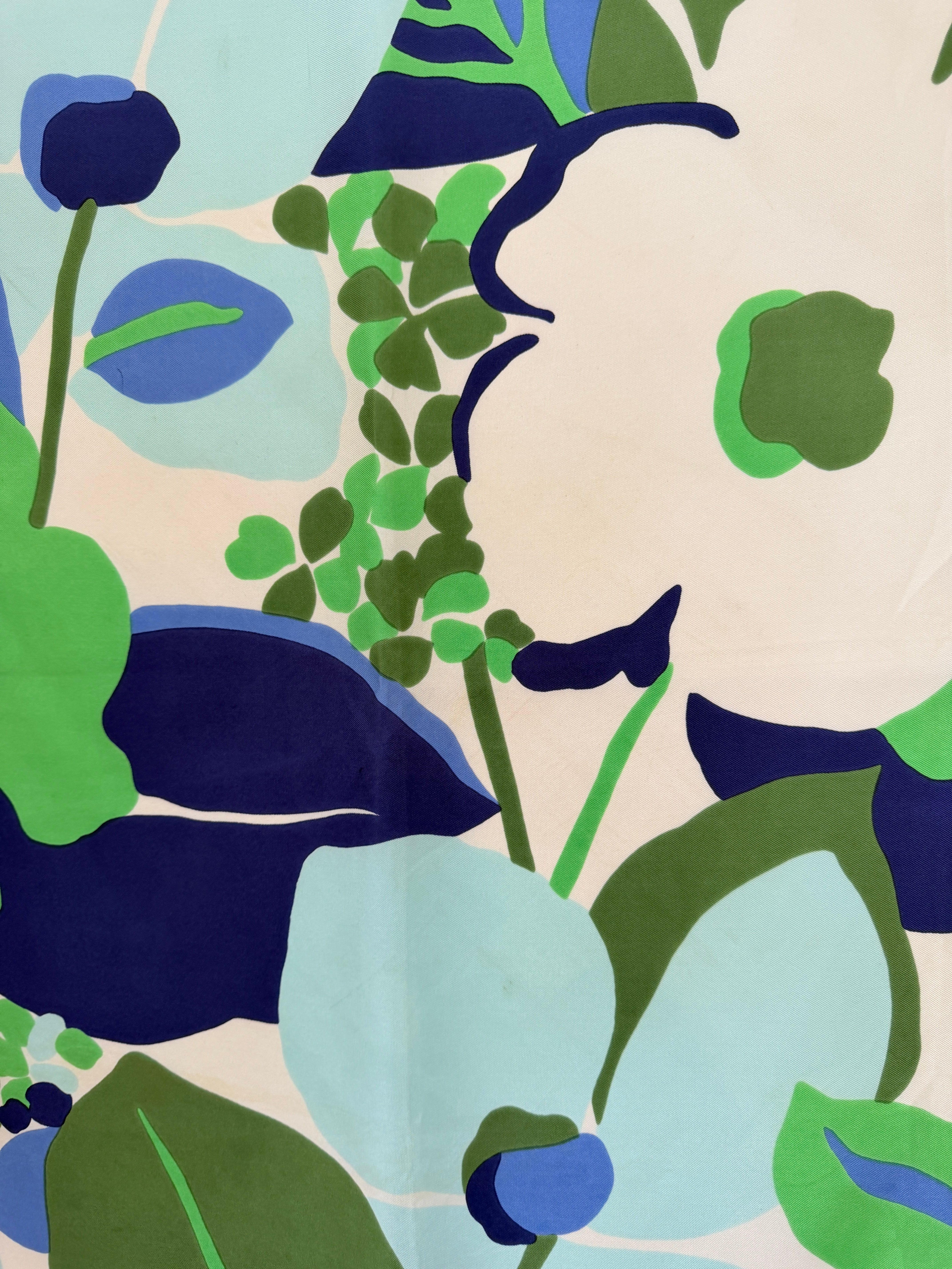 1960s Pierre Balmain Silk Scarf with Blue Border and MCM Floral Scene