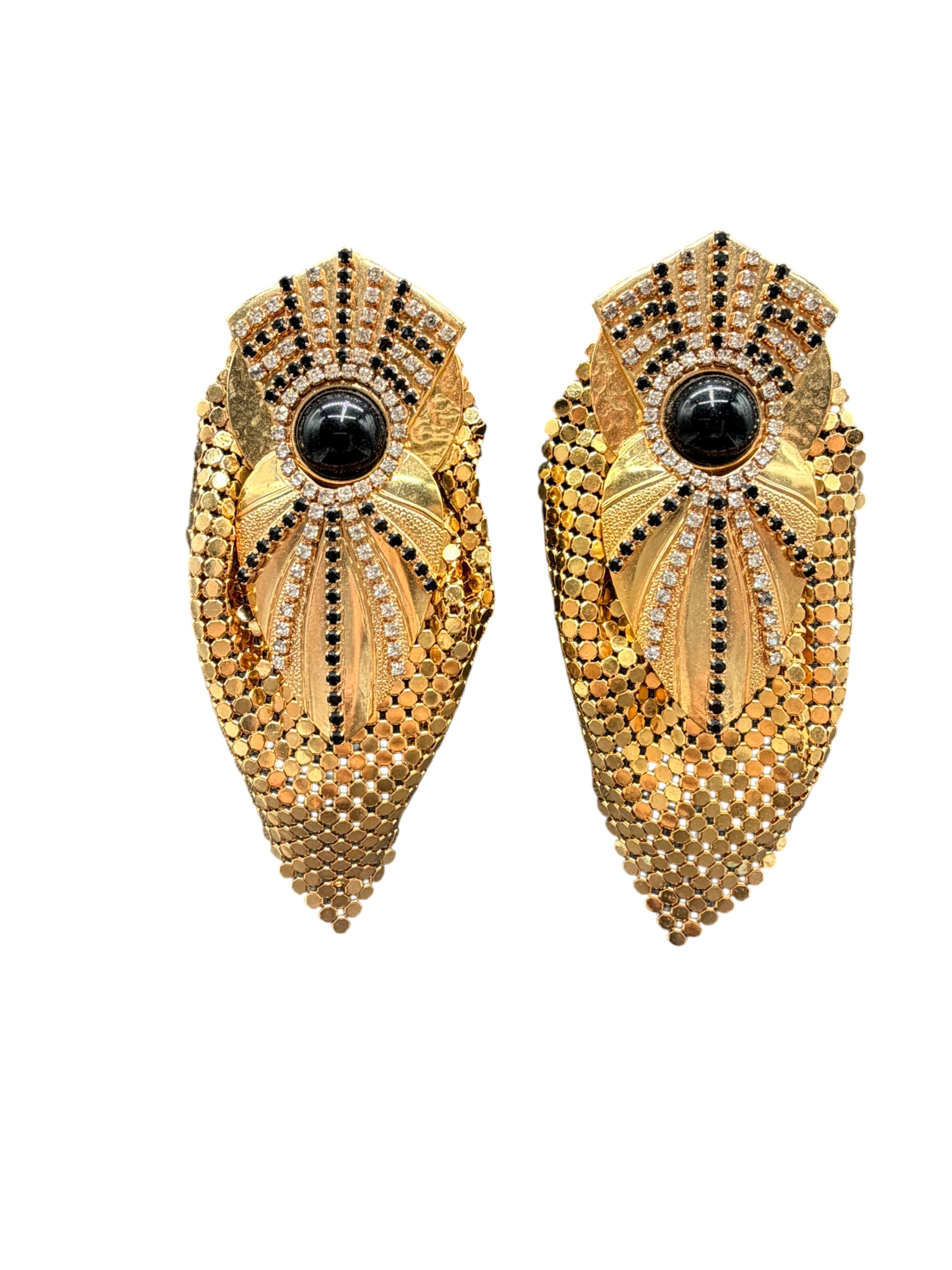1980s Statement Mixed Media Gold-Tone Clip Earrings with Black Cabochon