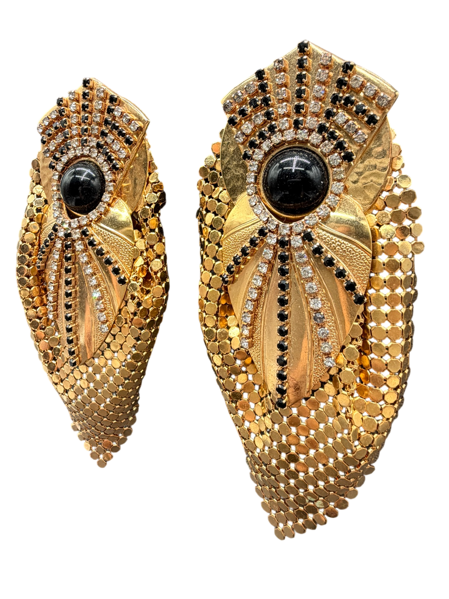 1980s Statement Mixed Media Gold-Tone Clip Earrings with Black Cabochon