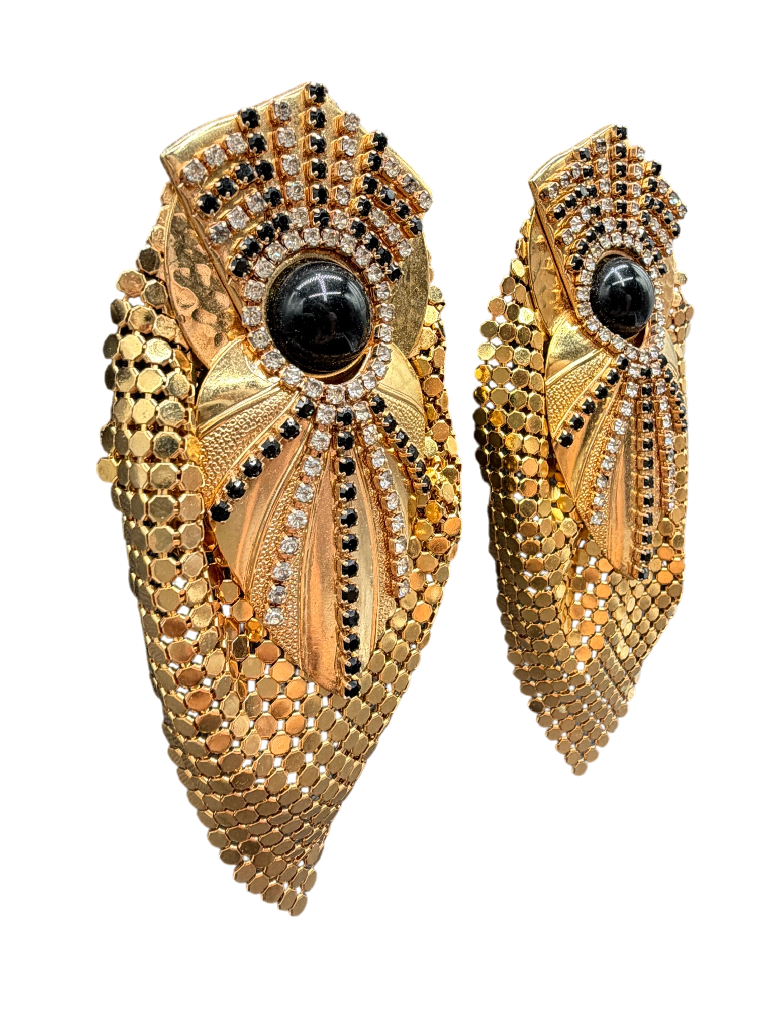1980s Statement Mixed Media Gold-Tone Clip Earrings with Black Cabochon