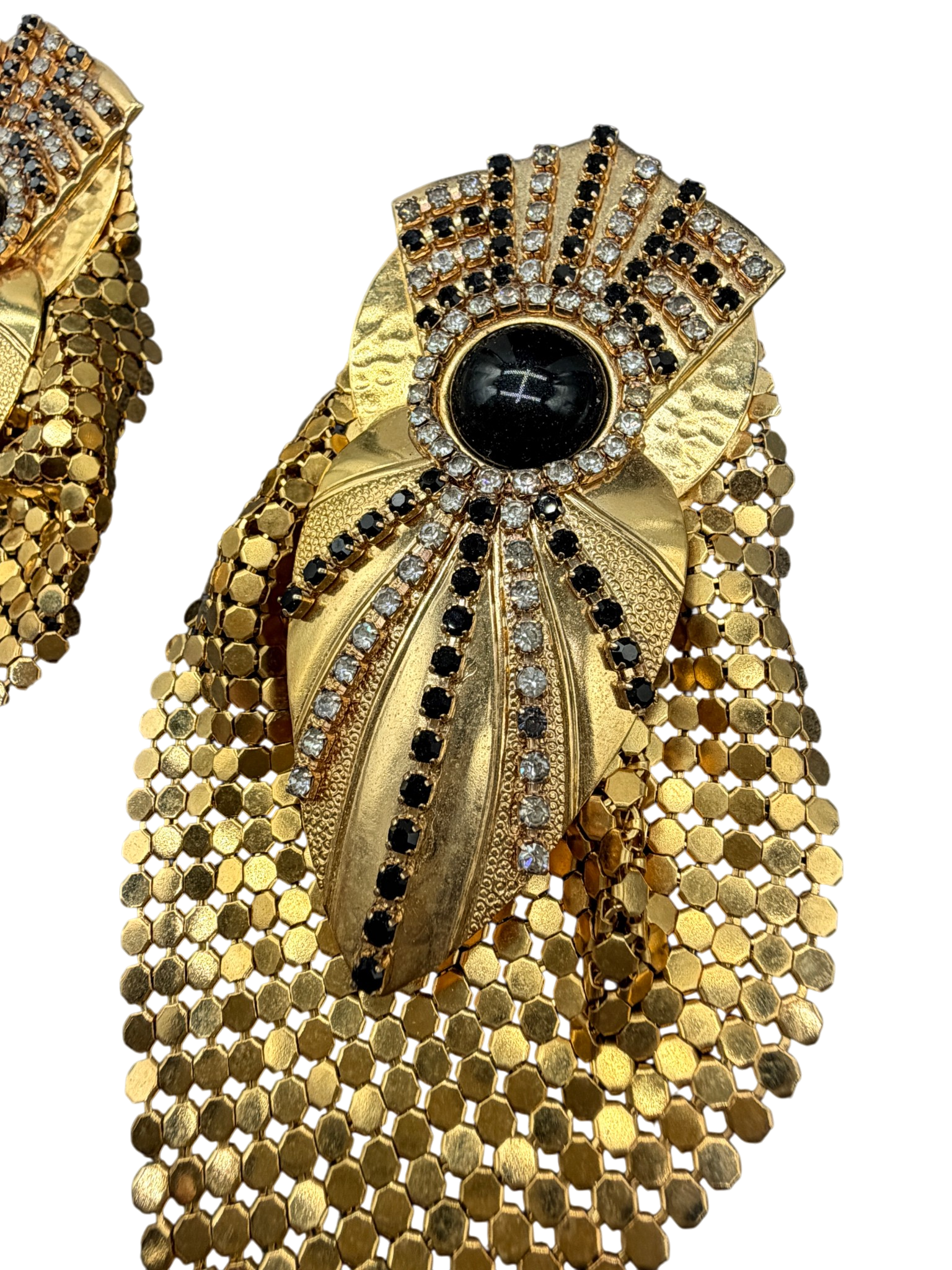 1980s Statement Mixed Media Gold-Tone Clip Earrings with Black Cabochon