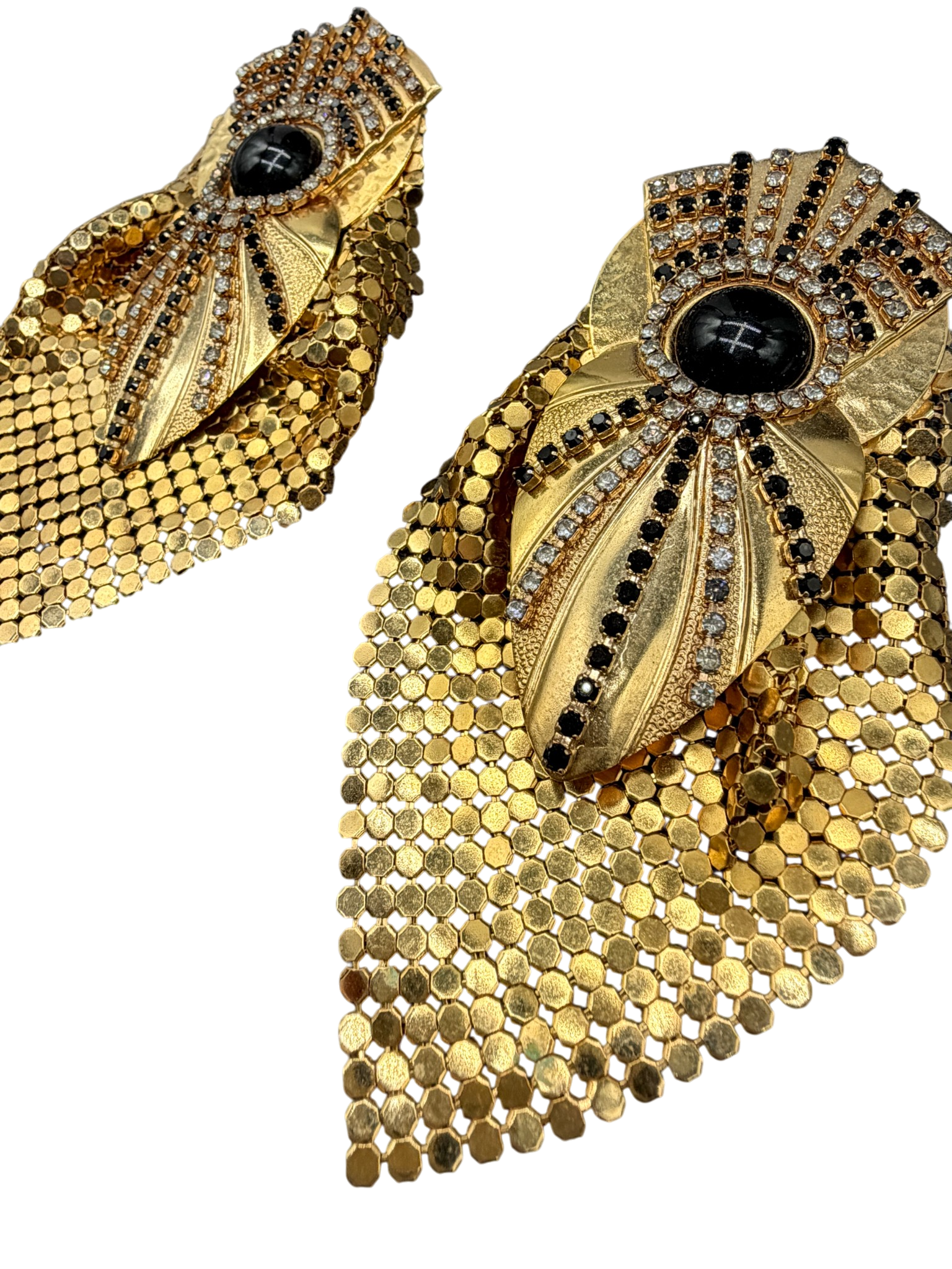 1980s Statement Mixed Media Gold-Tone Clip Earrings with Black Cabochon