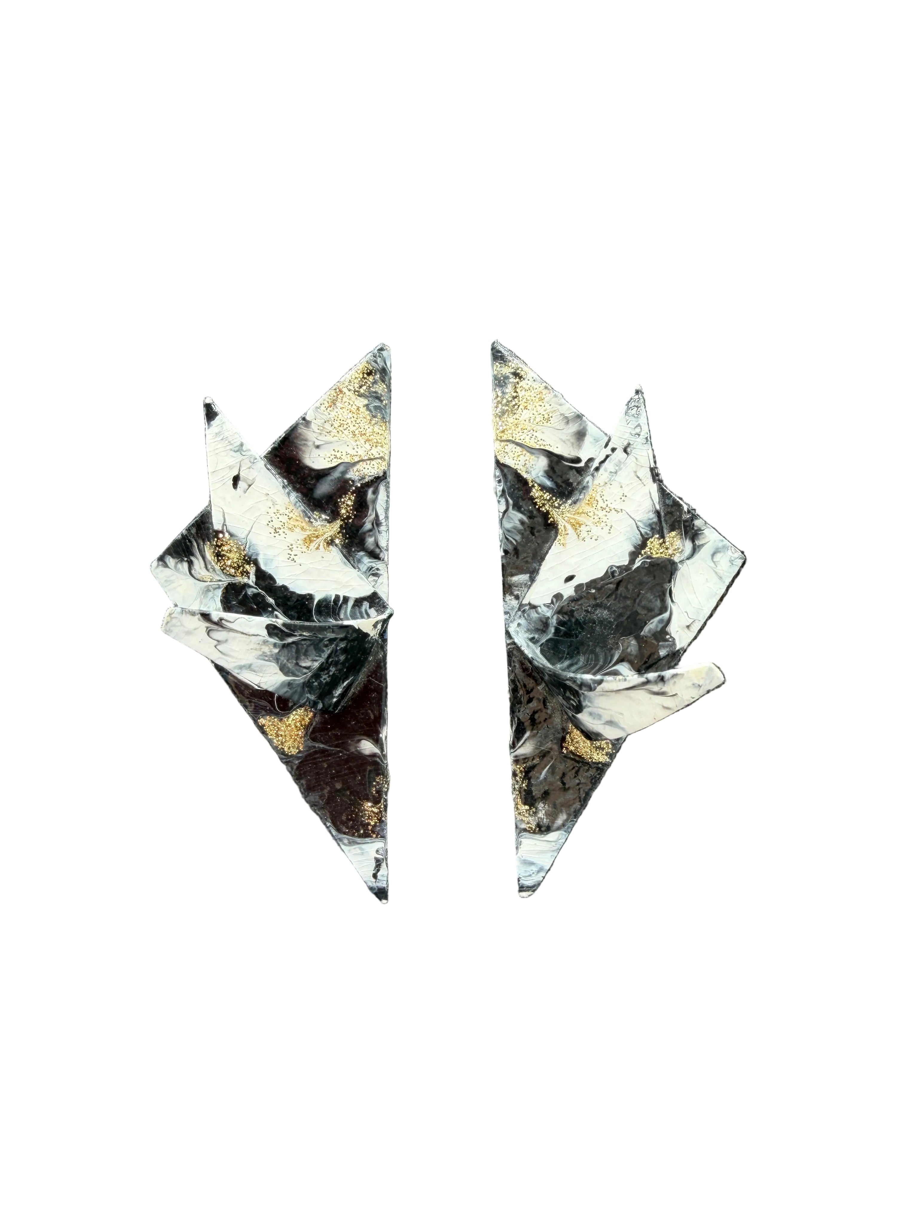 1991 Artisan Abstract Paper Clip Earrings with Black, White &amp; Gold Glitter