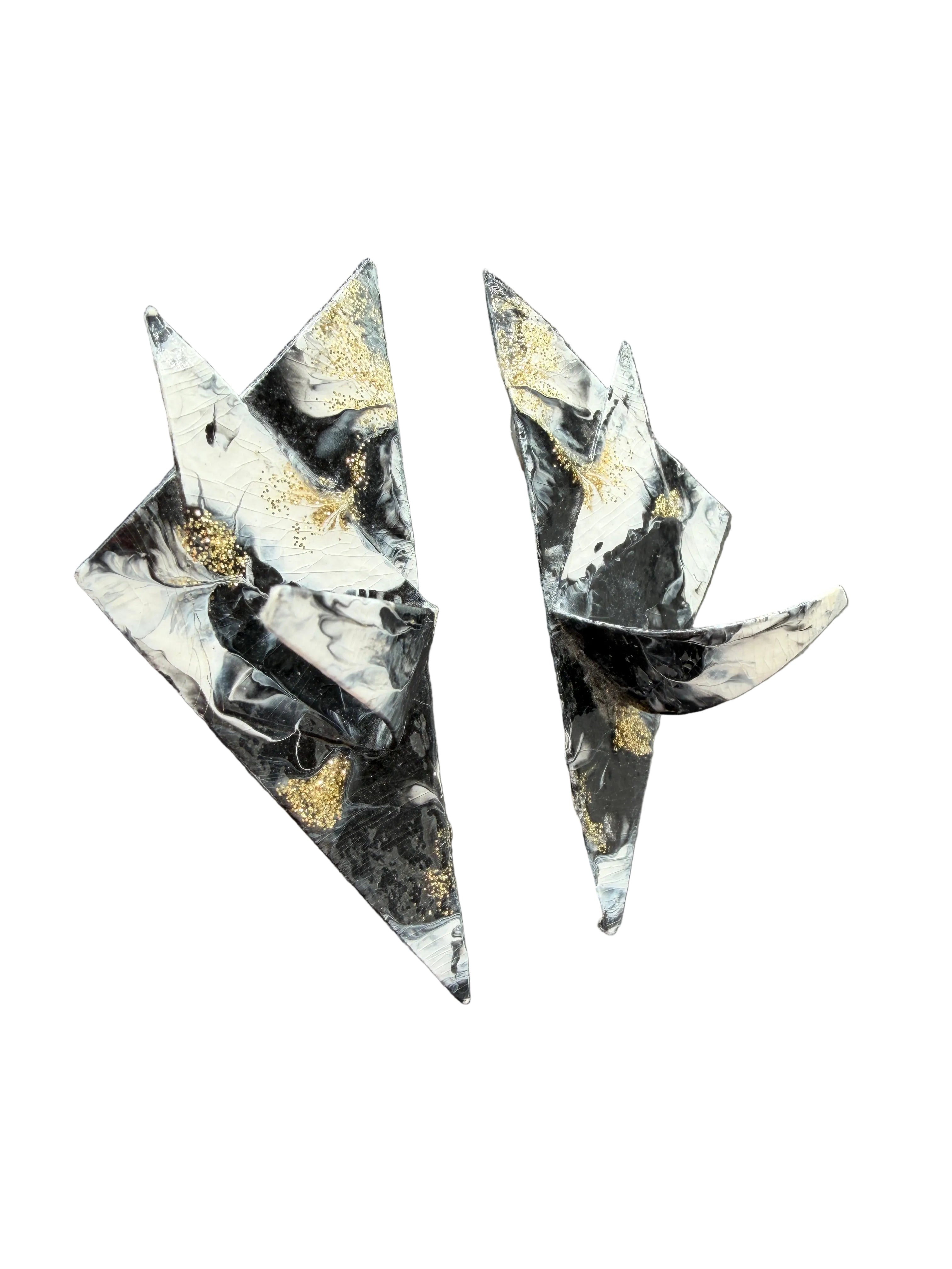 1991 Artisan Abstract Paper Clip Earrings with Black, White &amp; Gold Glitter