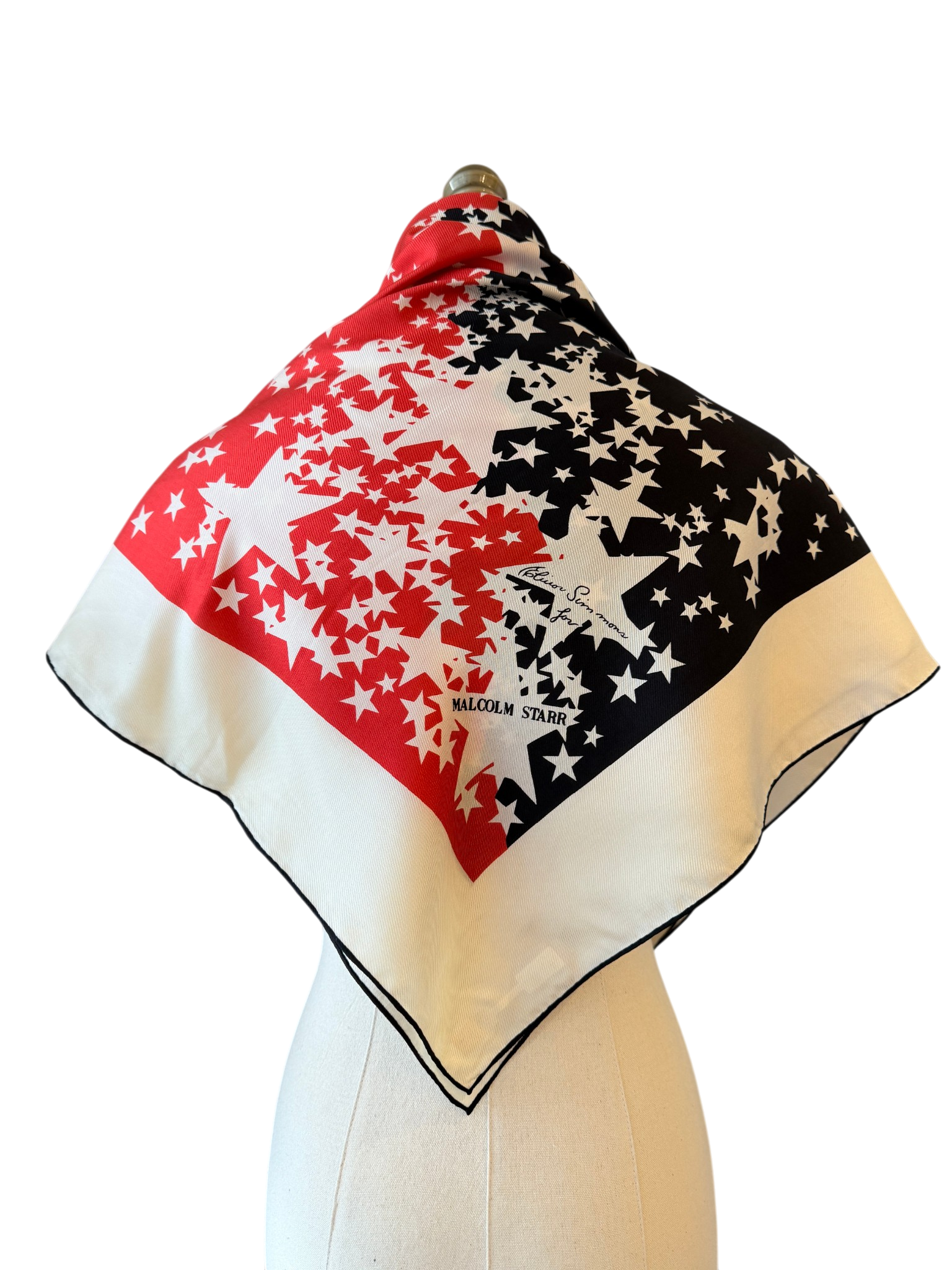 Rare Elinor Simmons for Malcolm Starr Ivory Silk Scarf with Red, Blue & Star Motif