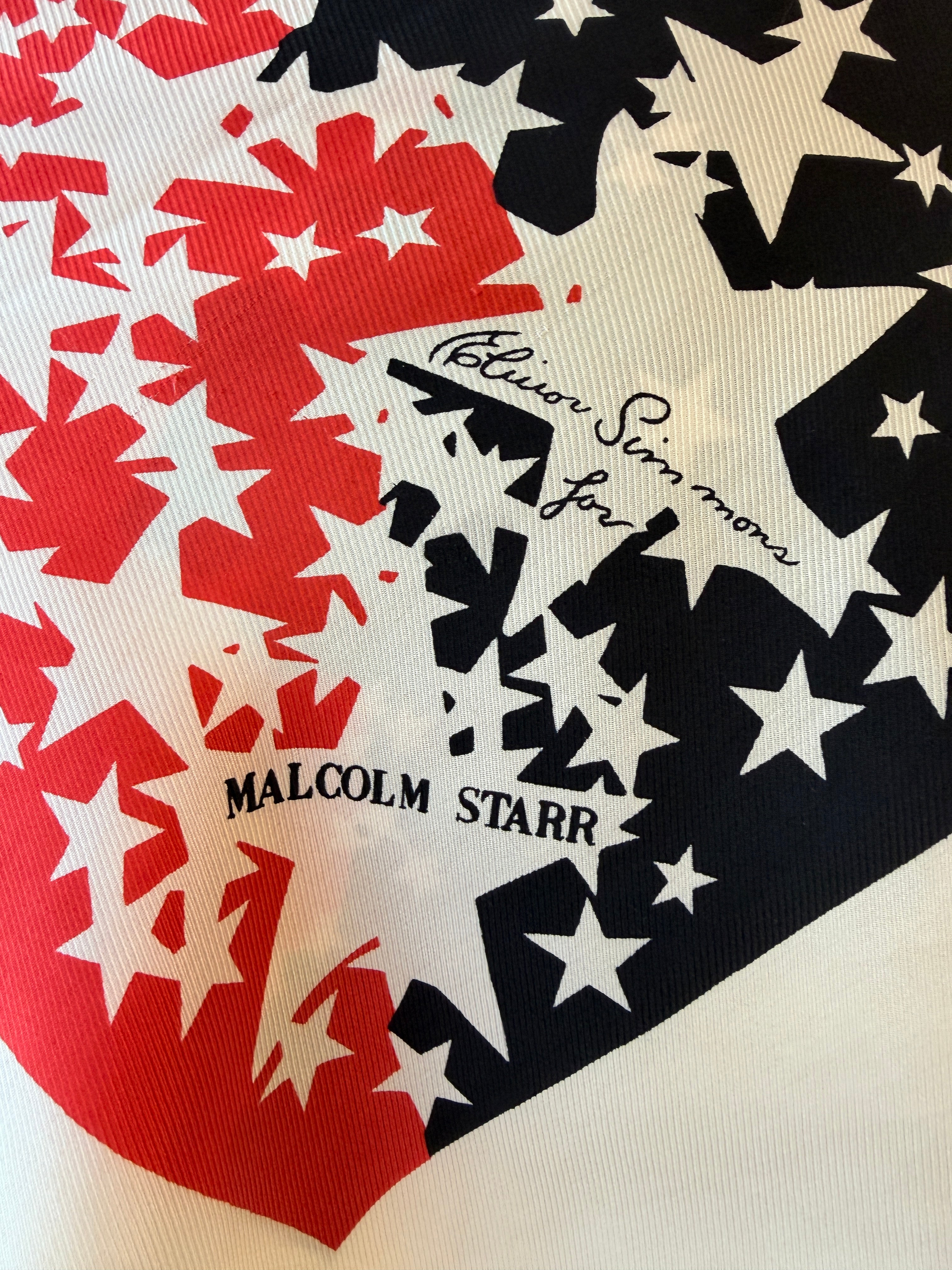 Rare Elinor Simmons for Malcolm Starr Ivory Silk Scarf with Red, Blue & Star Motif