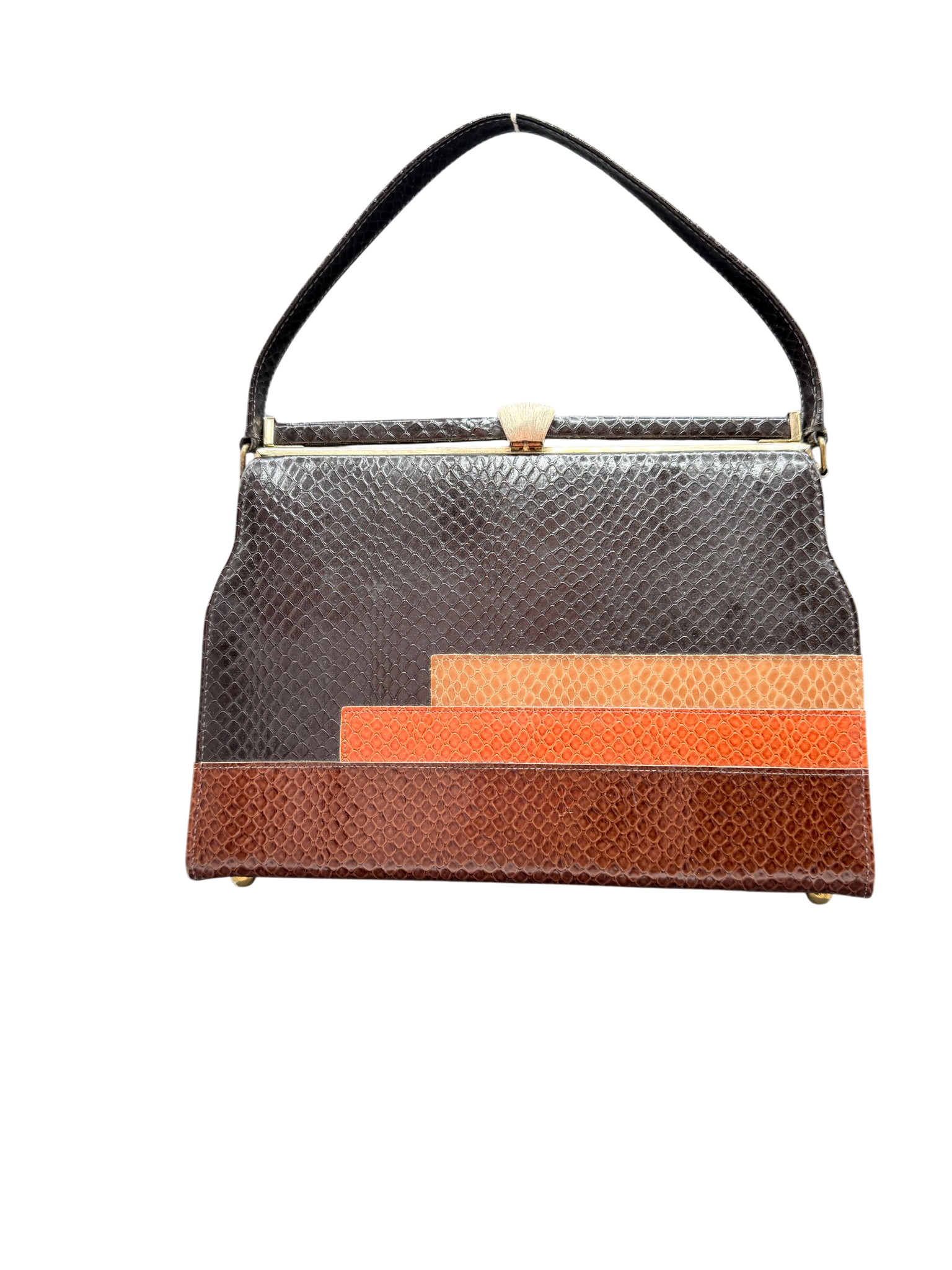 1960s Naturalizer Snake-Embossed Leather Handbag with Black & Brown Bands