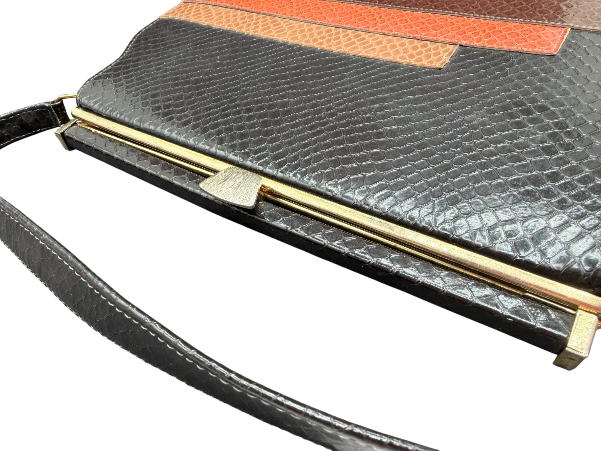 1960s Naturalizer Snake-Embossed Leather Handbag with Black & Brown Bands
