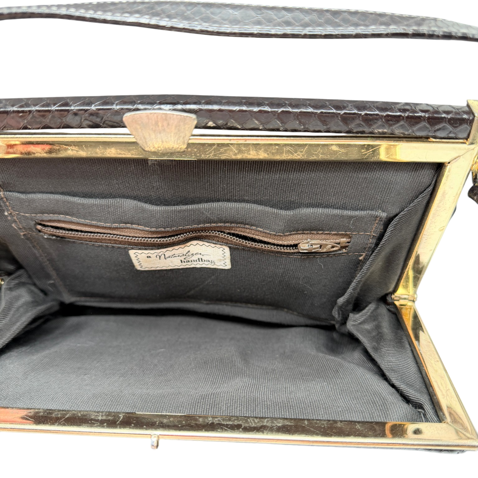 1960s Naturalizer Snake-Embossed Leather Handbag with Black & Brown Bands