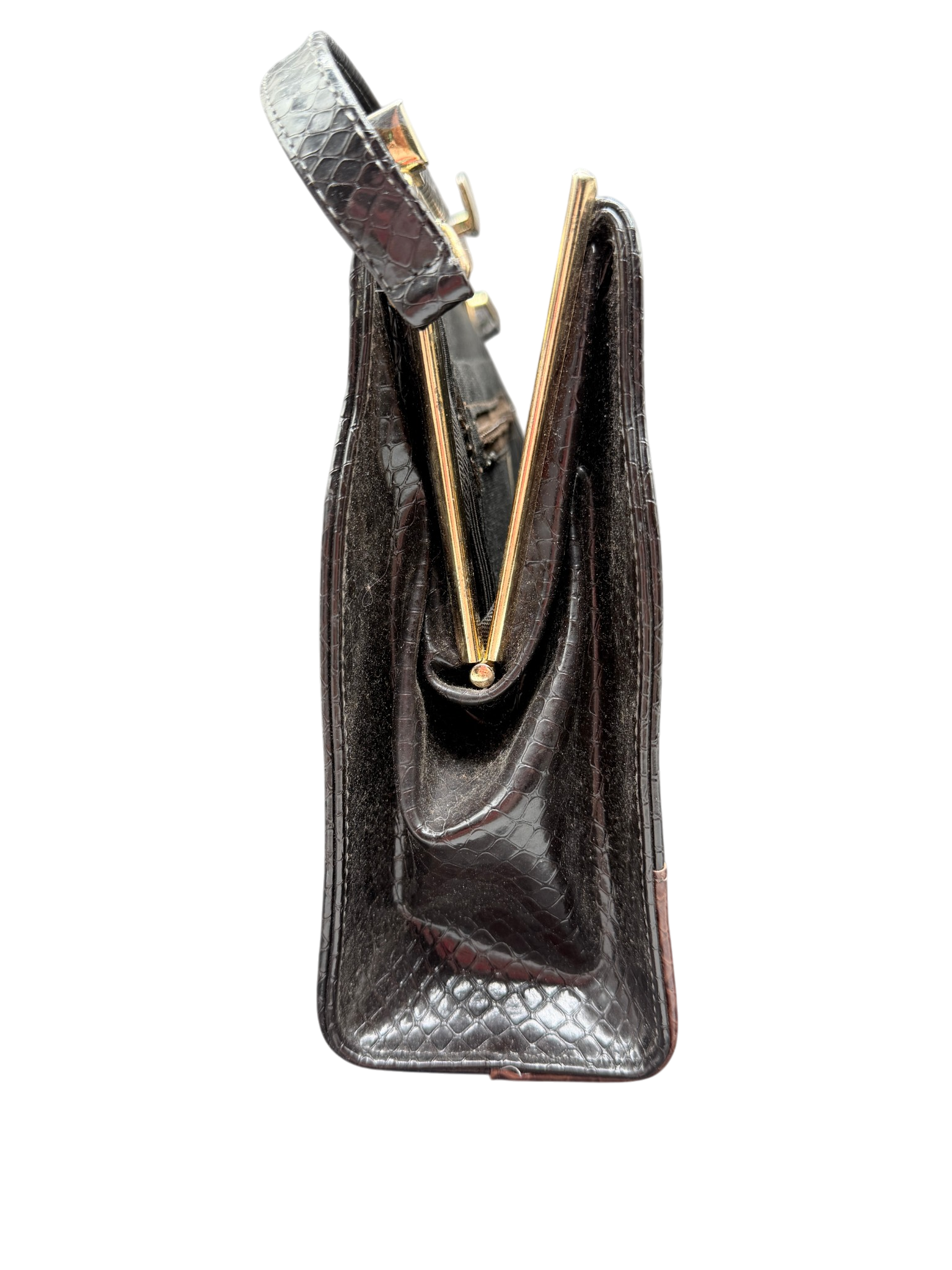 1960s Naturalizer Snake-Embossed Leather Handbag with Black & Brown Bands