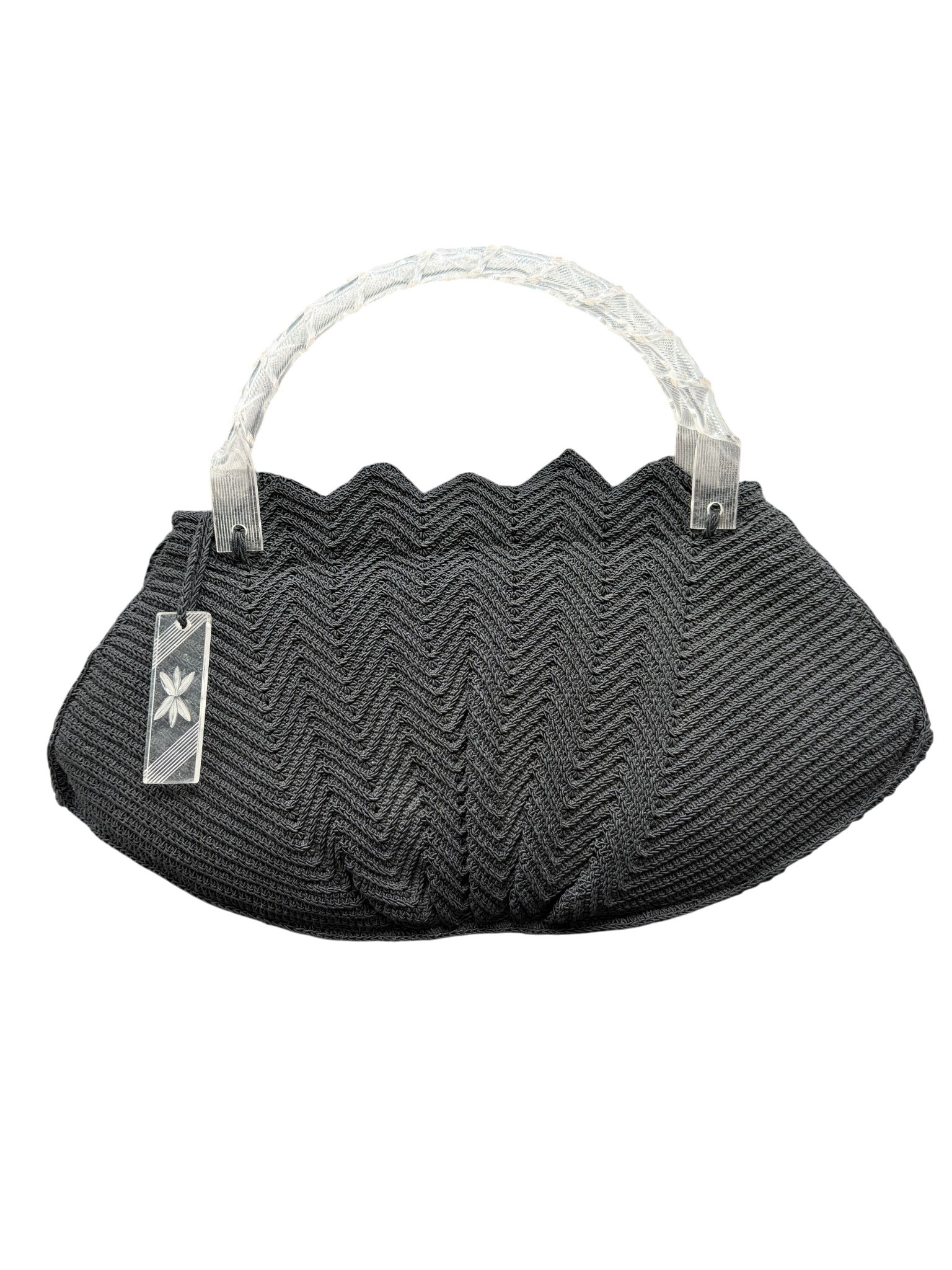 1940s Black Chevron Woven Purse with Lucite Handles