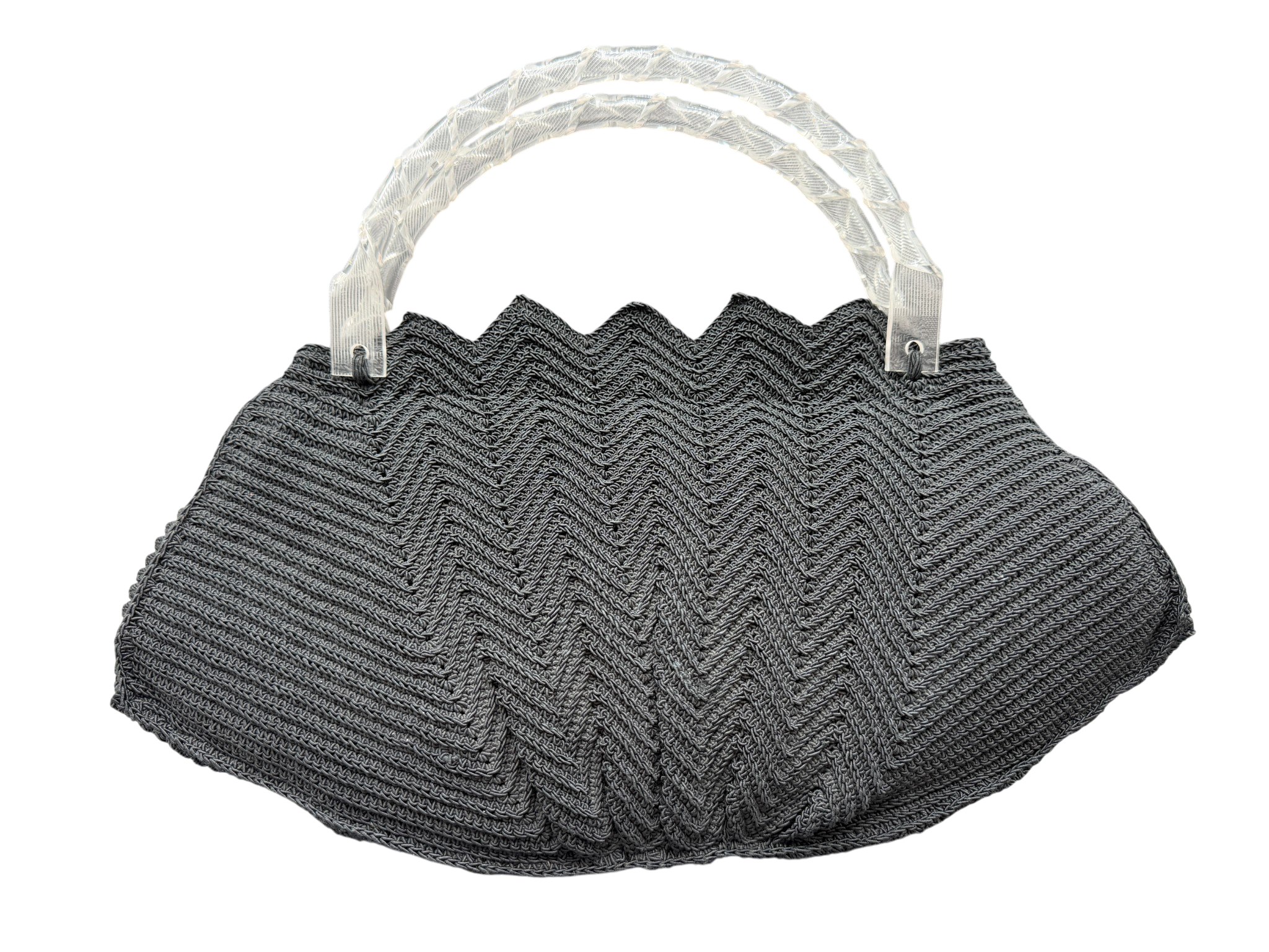 1940s Black Chevron Woven Purse with Lucite Handles