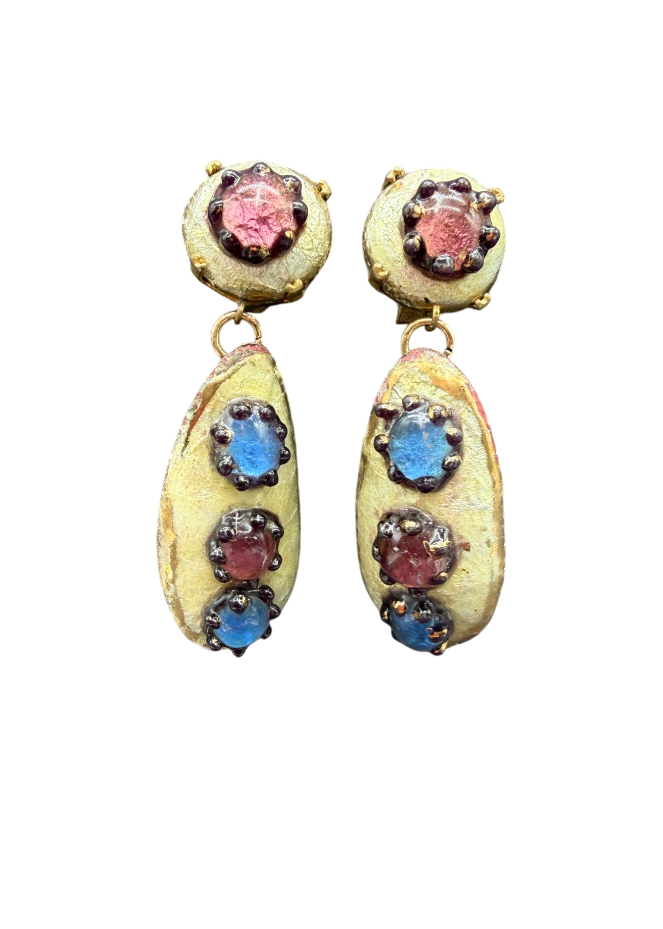 Rare 1950s Andrée Bazot Enamel & Porcelain Drop Earrings with Blue & Purple Cabochons