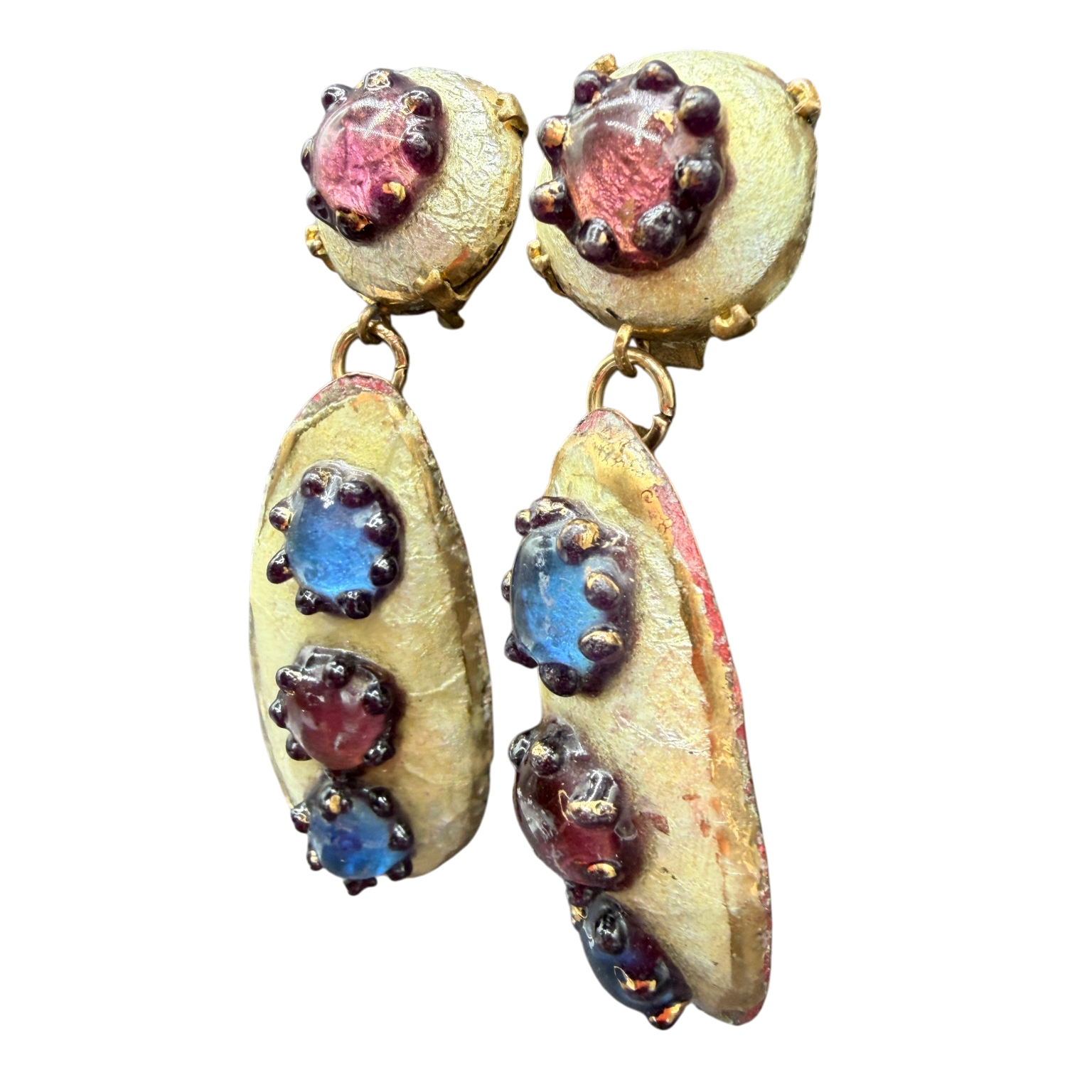 Rare 1950s Andrée Bazot Enamel & Porcelain Drop Earrings with Blue & Purple Cabochons