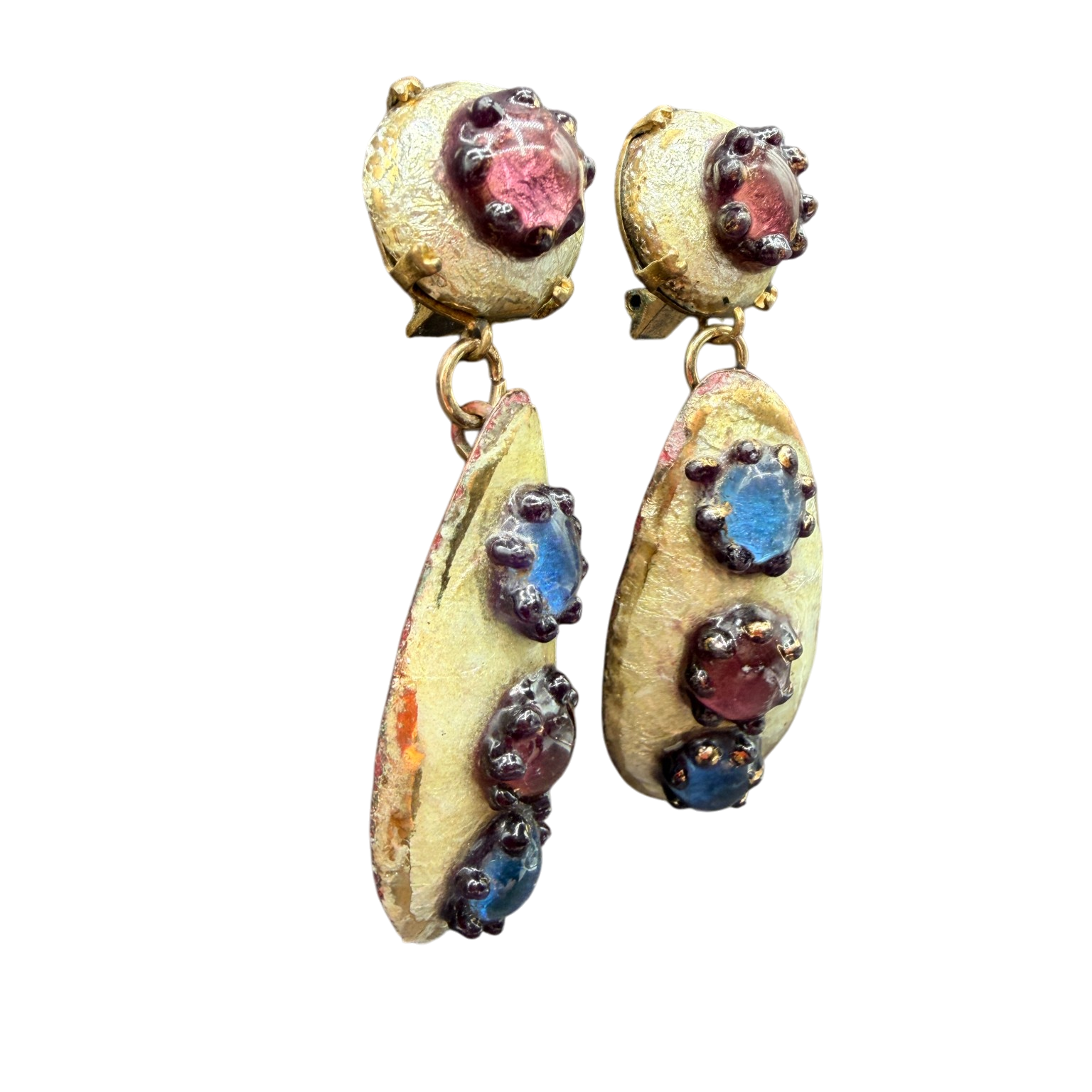 Rare 1950s Andrée Bazot Enamel & Porcelain Drop Earrings with Blue & Purple Cabochons