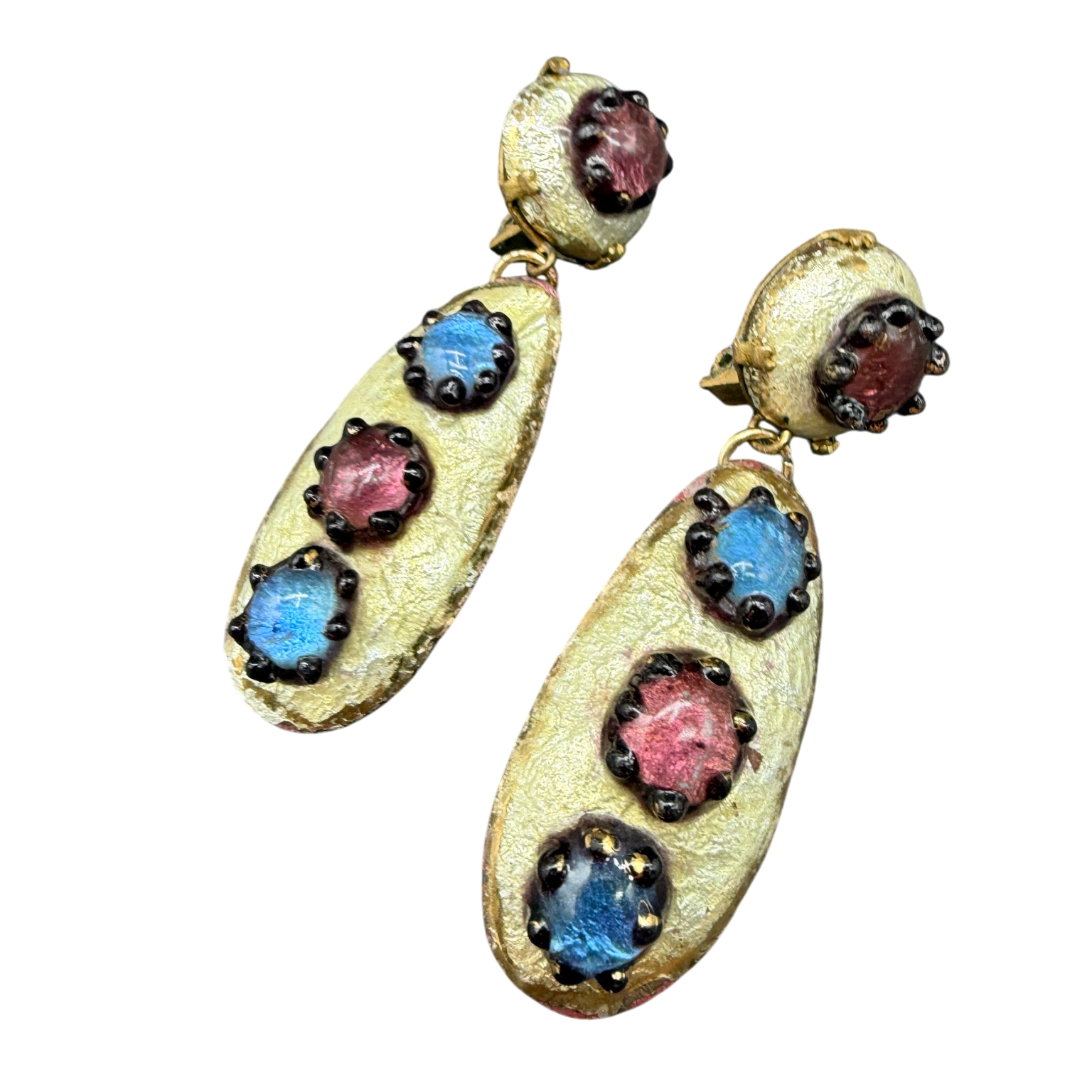 Rare 1950s Andrée Bazot Enamel & Porcelain Drop Earrings with Blue & Purple Cabochons