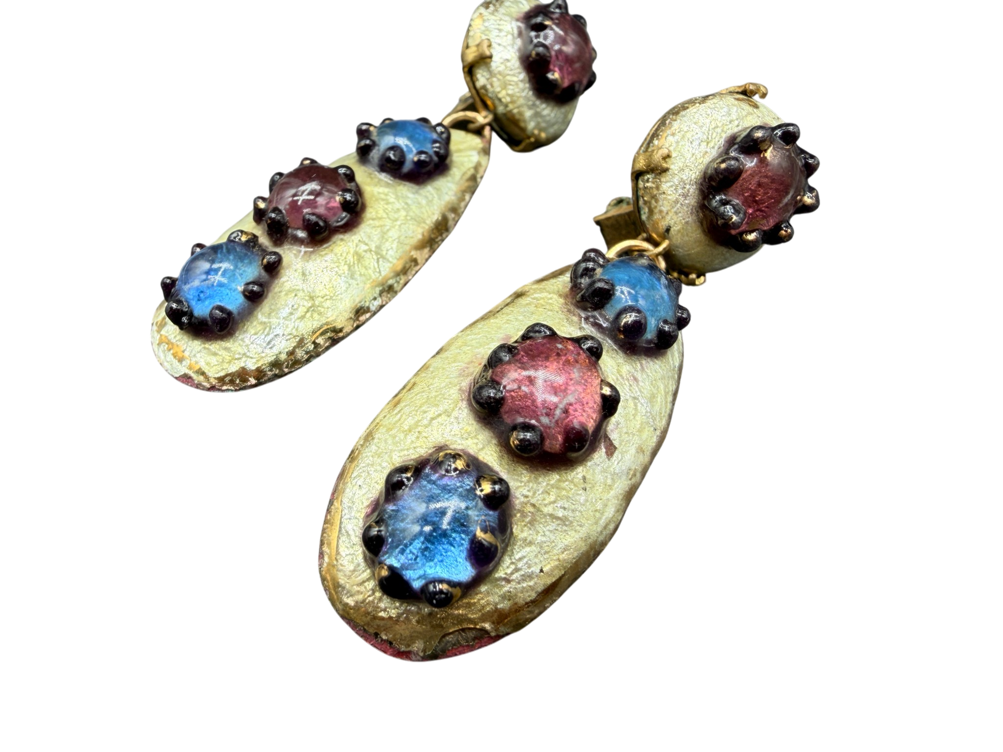 Rare 1950s Andrée Bazot Enamel & Porcelain Drop Earrings with Blue & Purple Cabochons