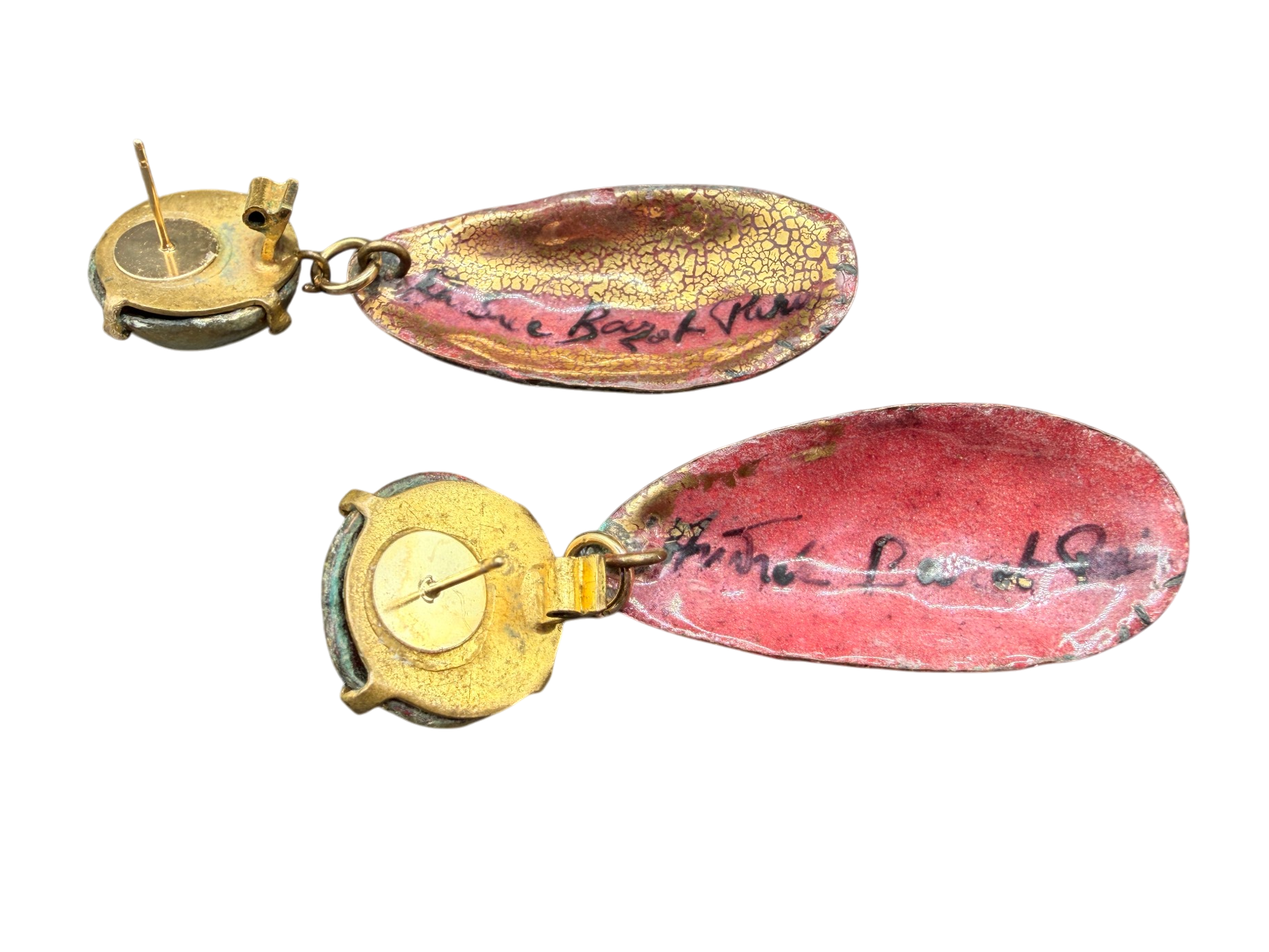 Rare 1950s Andrée Bazot Enamel & Porcelain Drop Earrings with Blue & Purple Cabochons