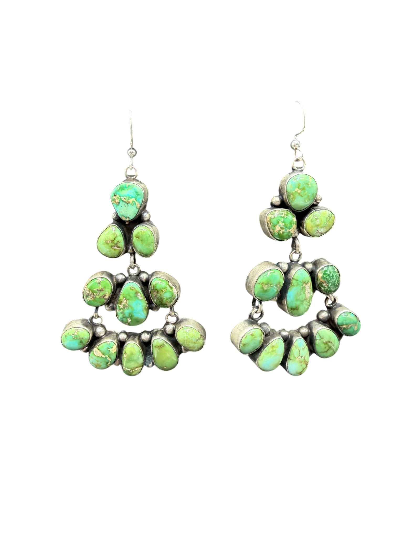 1970s Navajo Sterling Silver Chandelier Earrings with Sonoran Turquoise, Signed E. Largo