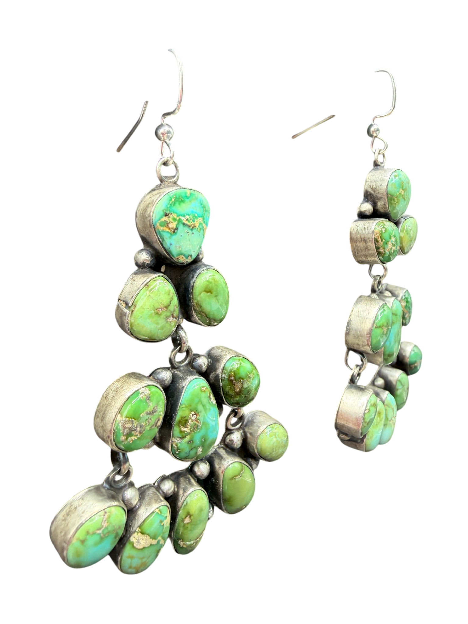 1970s Navajo Sterling Silver Chandelier Earrings with Sonoran Turquoise, Signed E. Largo