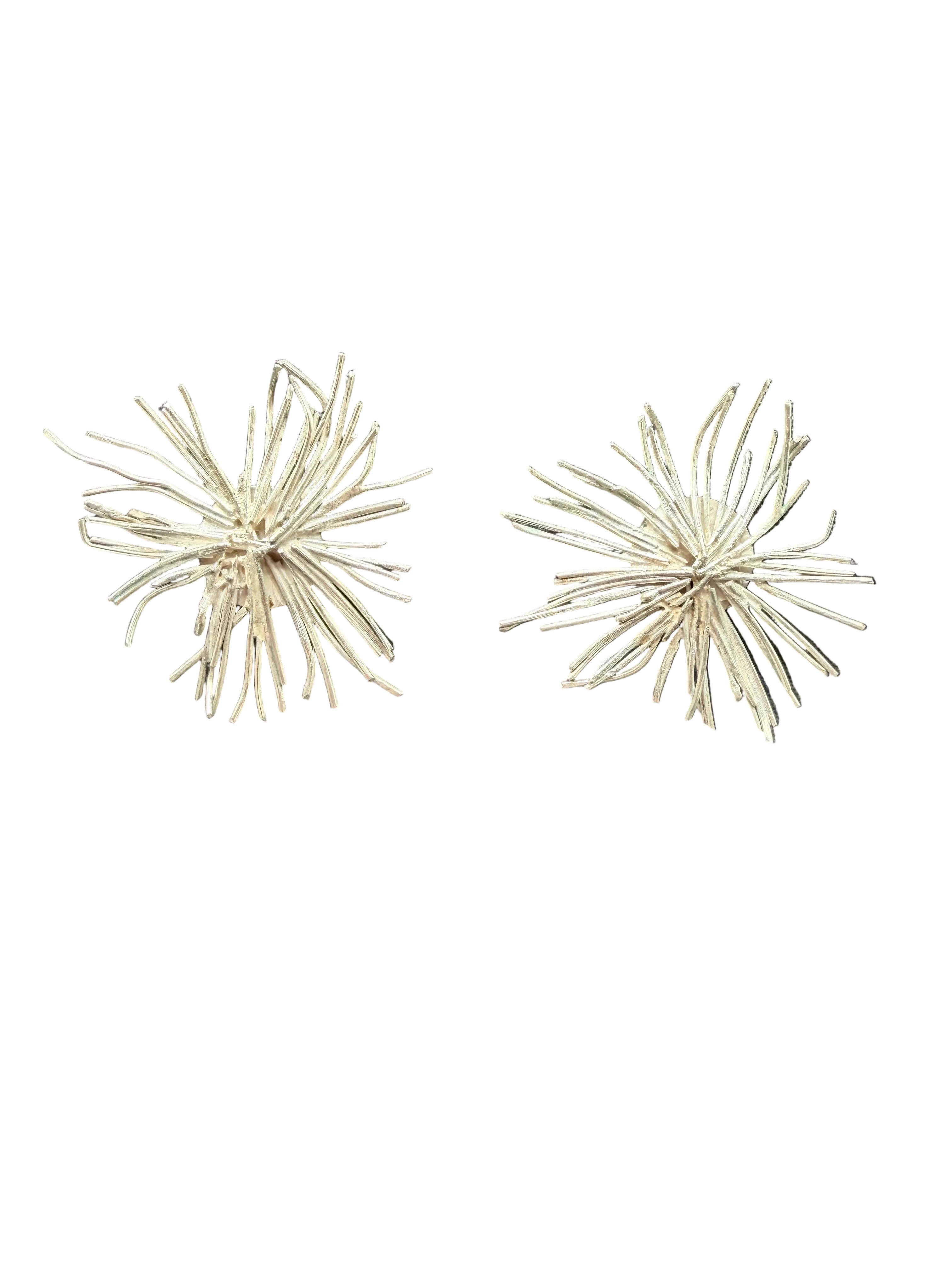 1970s Brutalist Sterling Silver Wire Starburst Statement Clip Earrings
