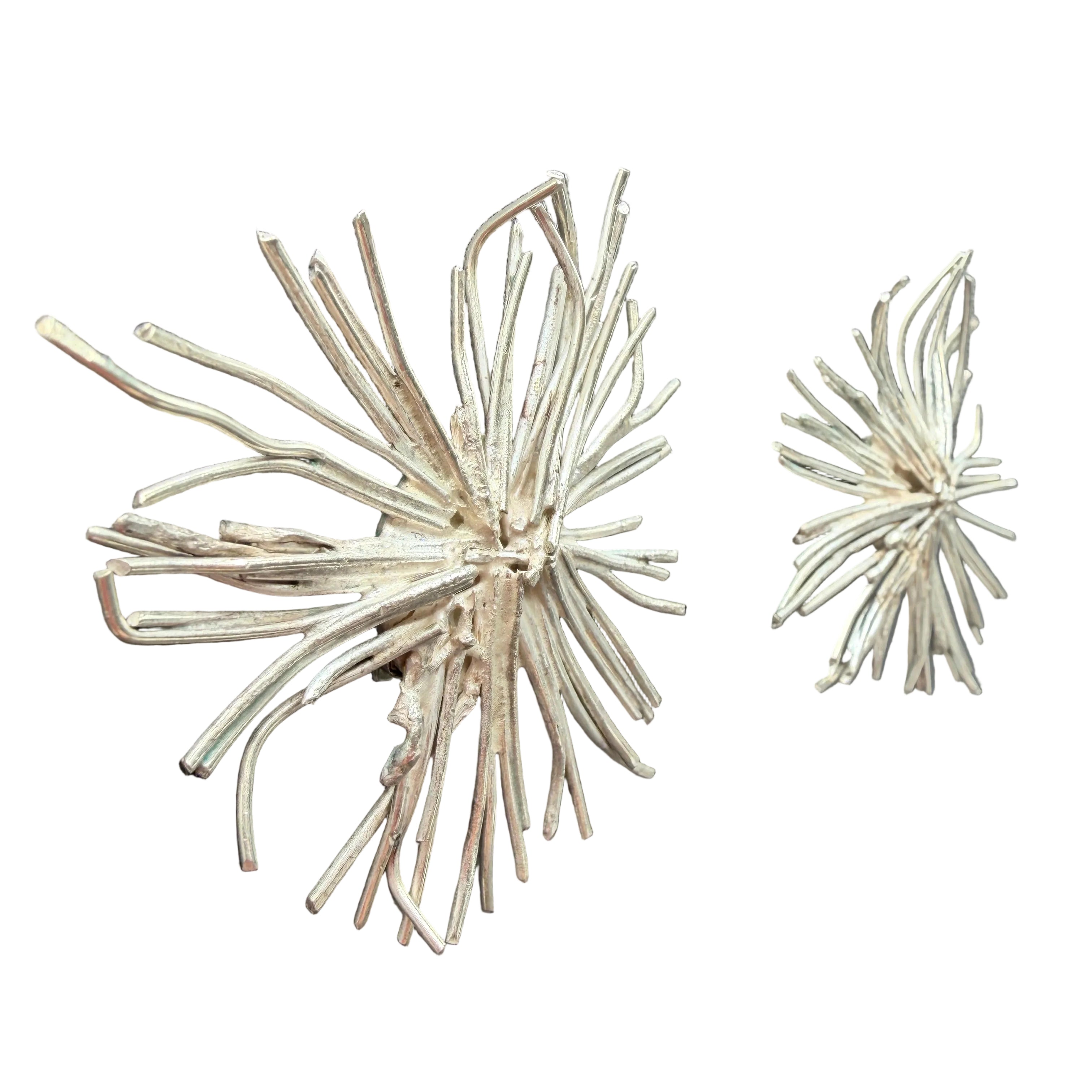 1970s Brutalist Sterling Silver Wire Starburst Statement Clip Earrings