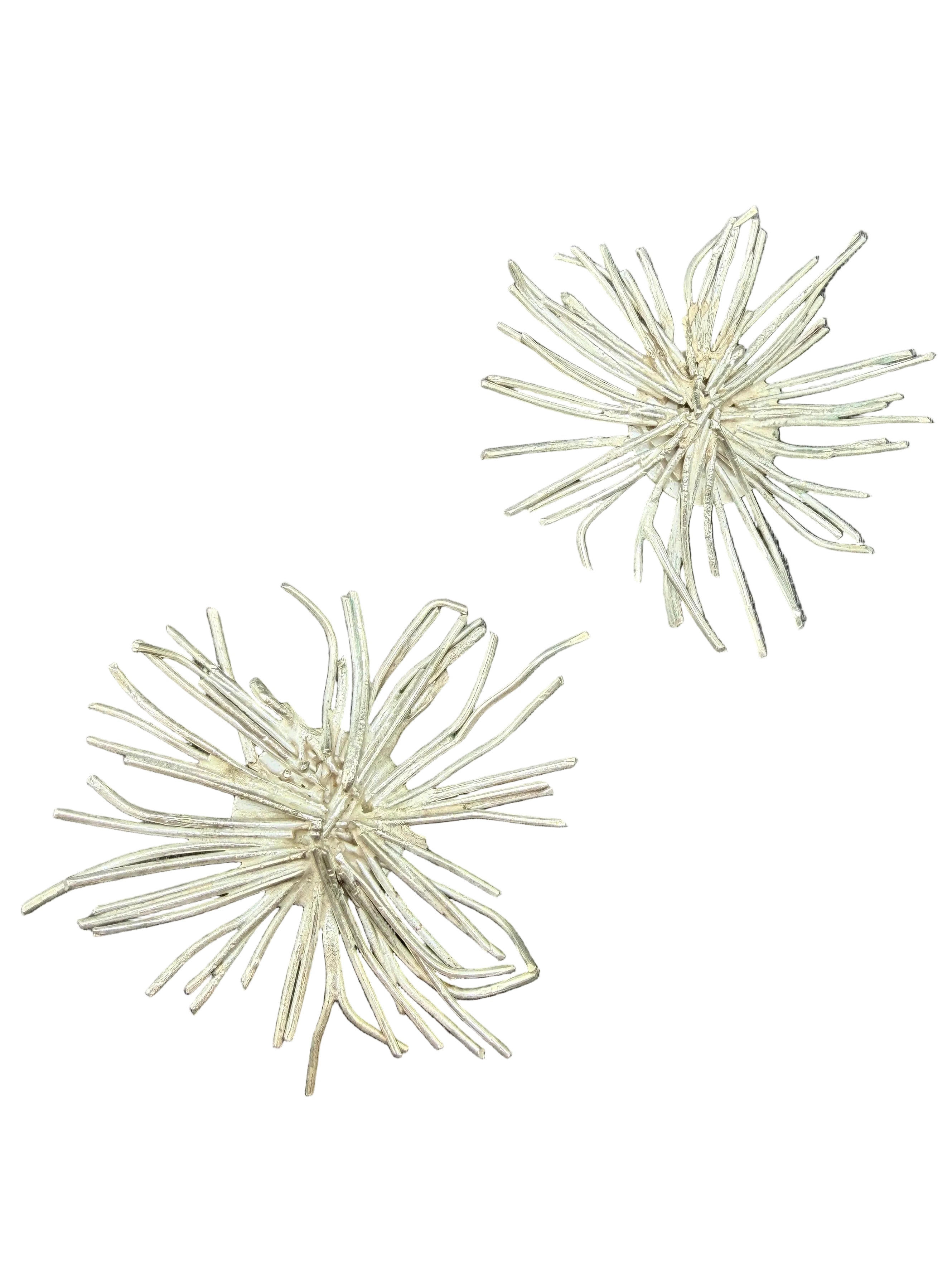 1970s Brutalist Sterling Silver Wire Starburst Statement Clip Earrings