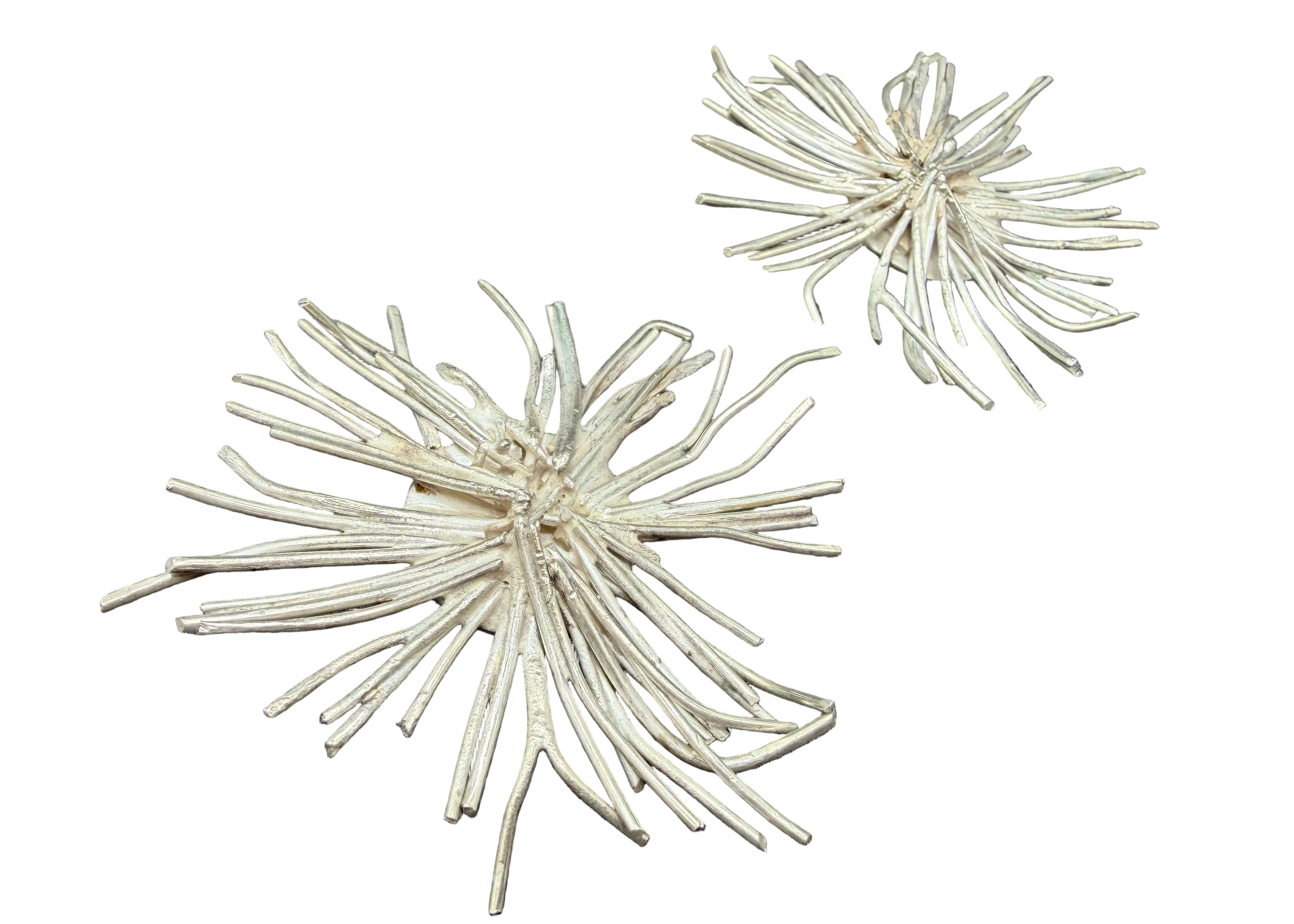 1970s Brutalist Sterling Silver Wire Starburst Statement Clip Earrings