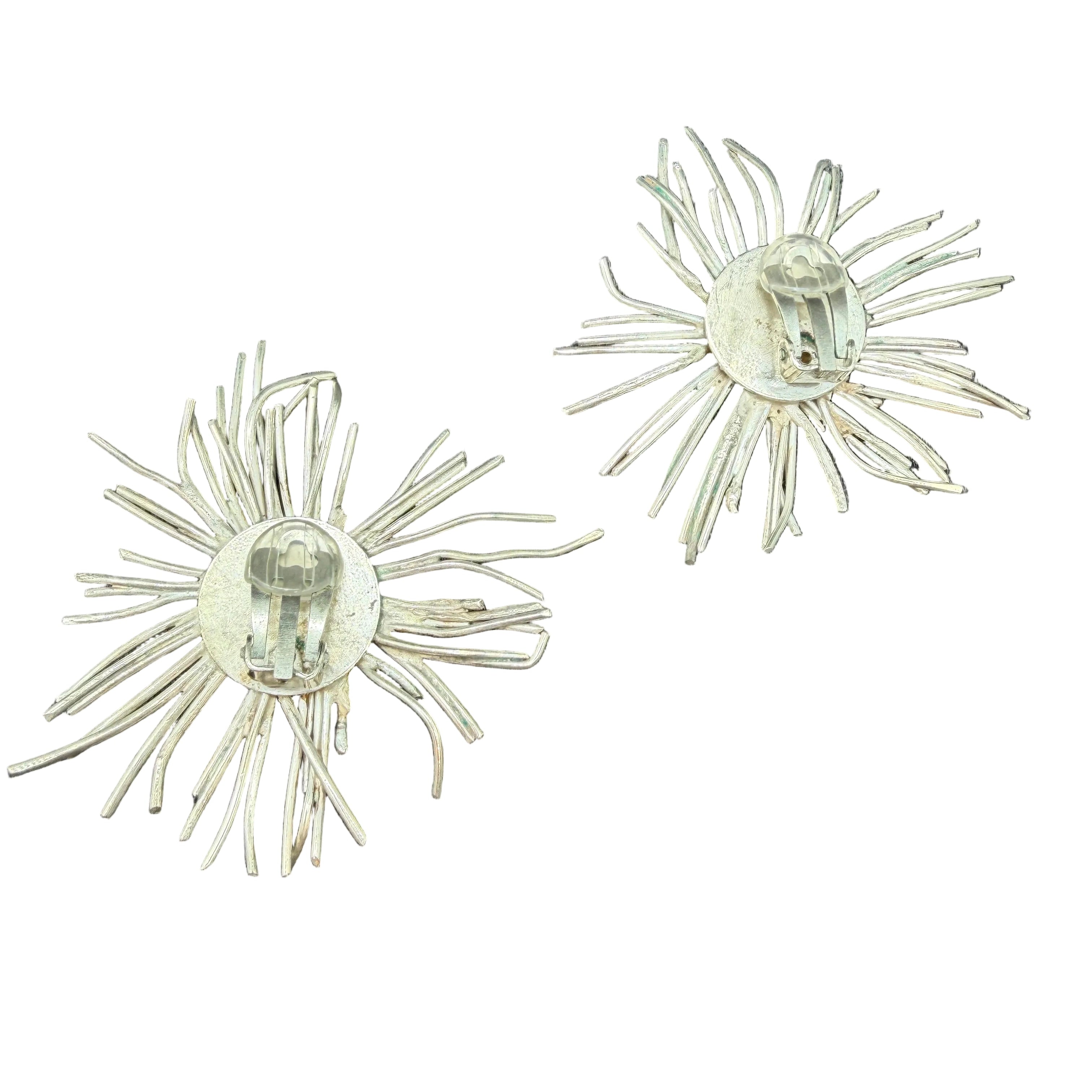1970s Brutalist Sterling Silver Wire Starburst Statement Clip Earrings