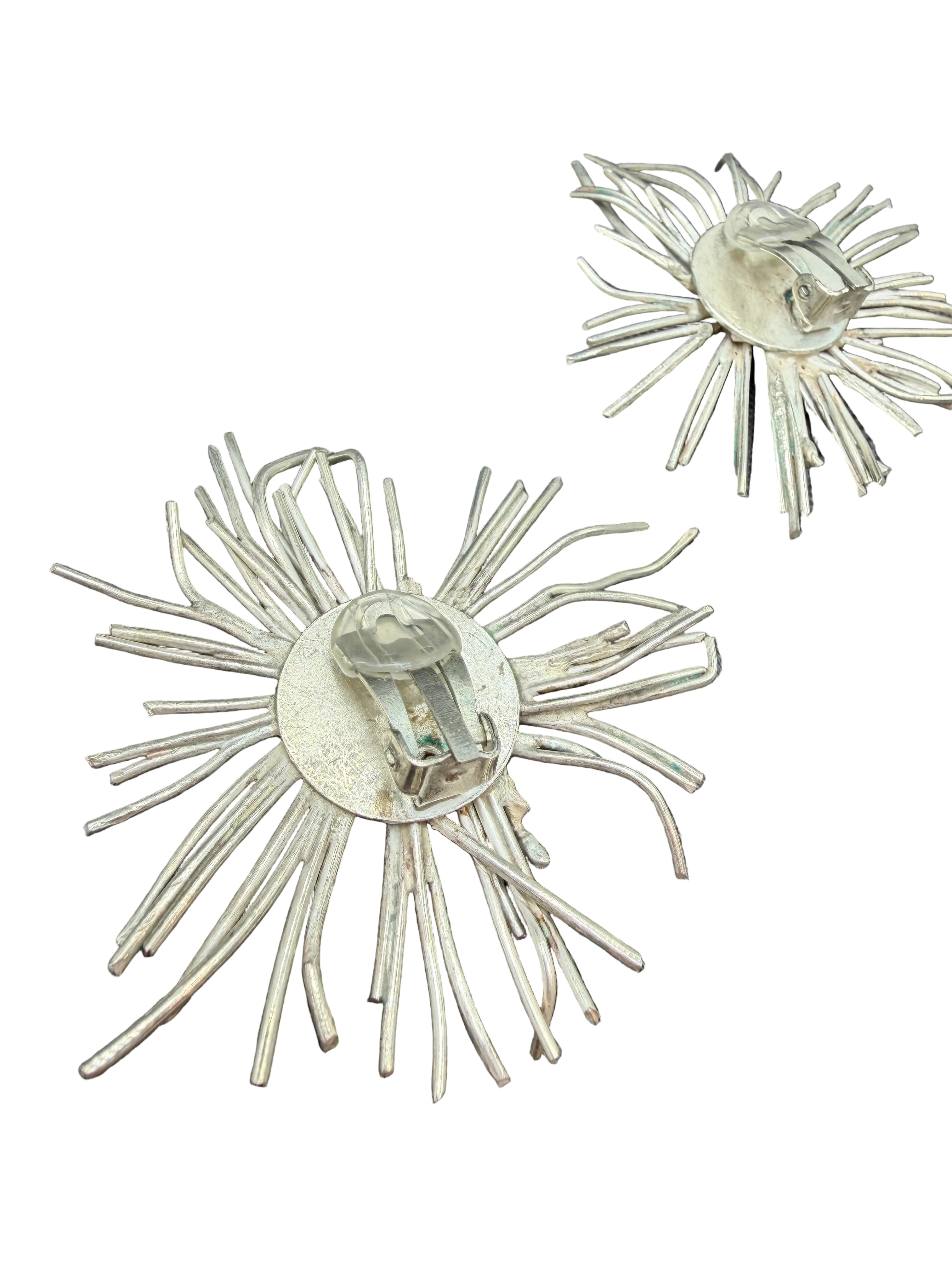 1970s Brutalist Sterling Silver Wire Starburst Statement Clip Earrings