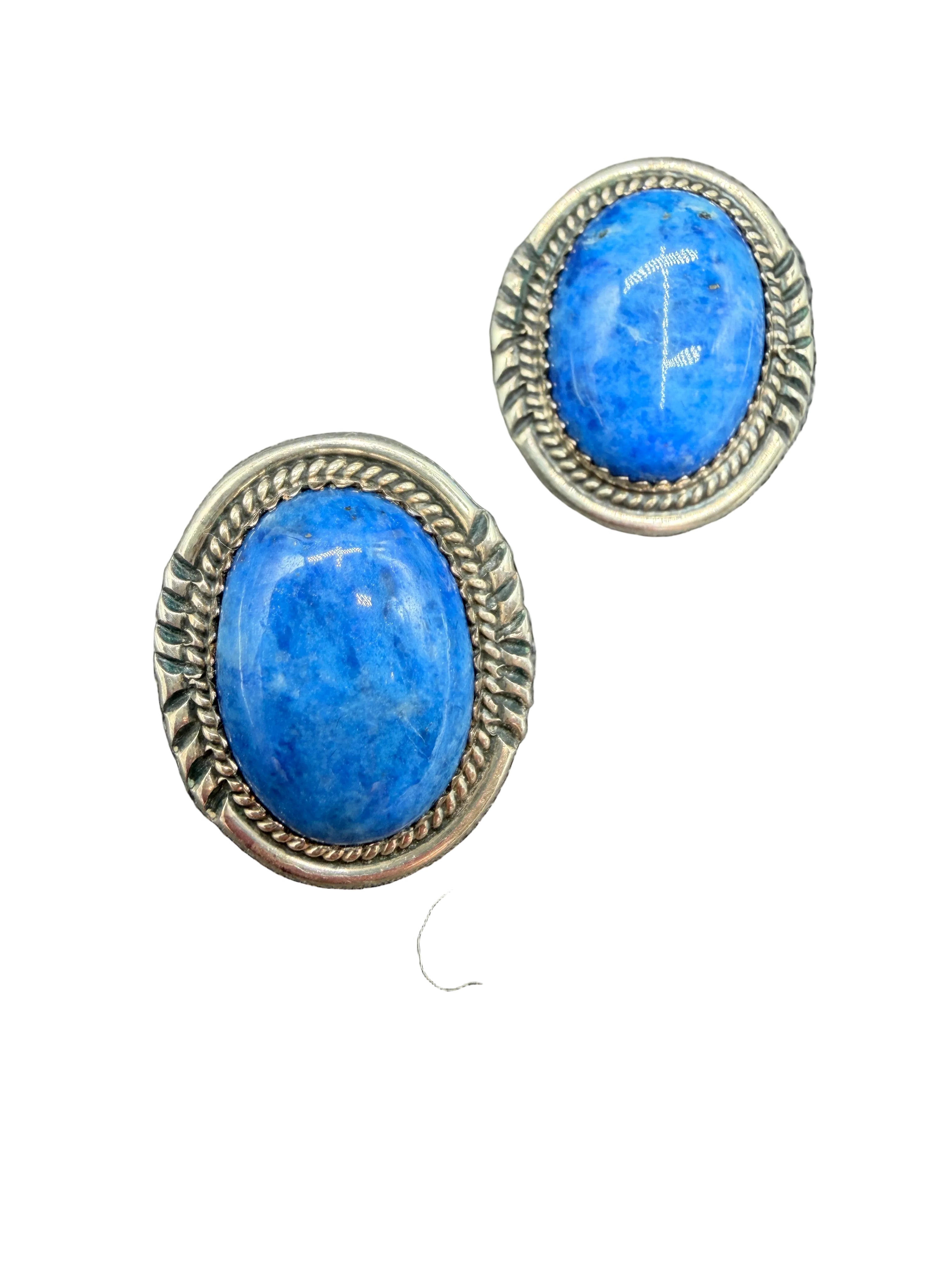 1960s AB Navajo Sterling Silver Concho Clip Earrings with Lapis