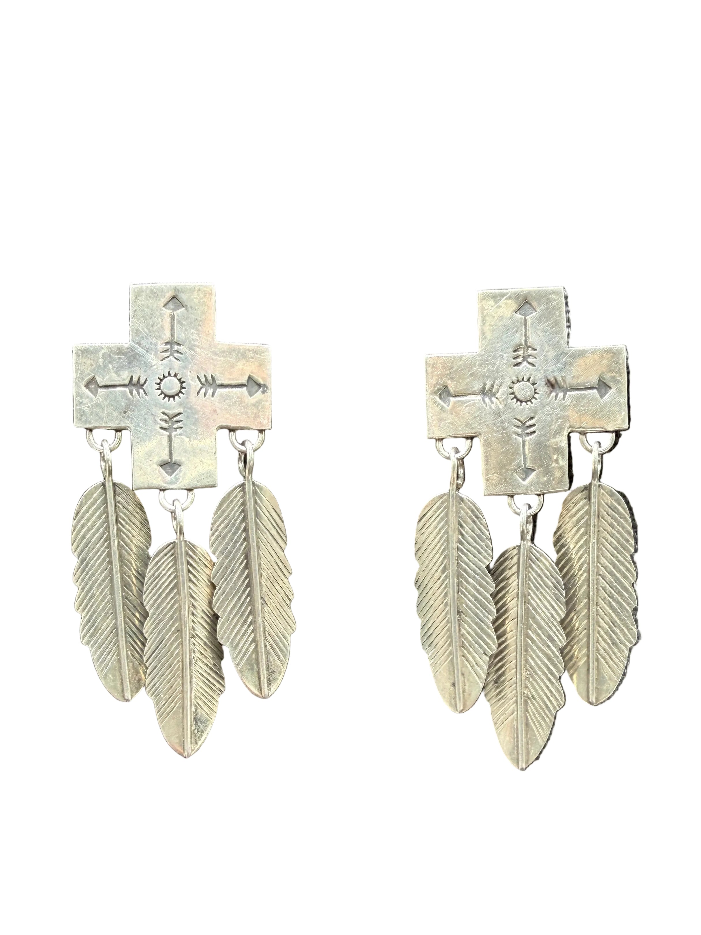 Authentic Navajo sterling earrings with hanging feathers